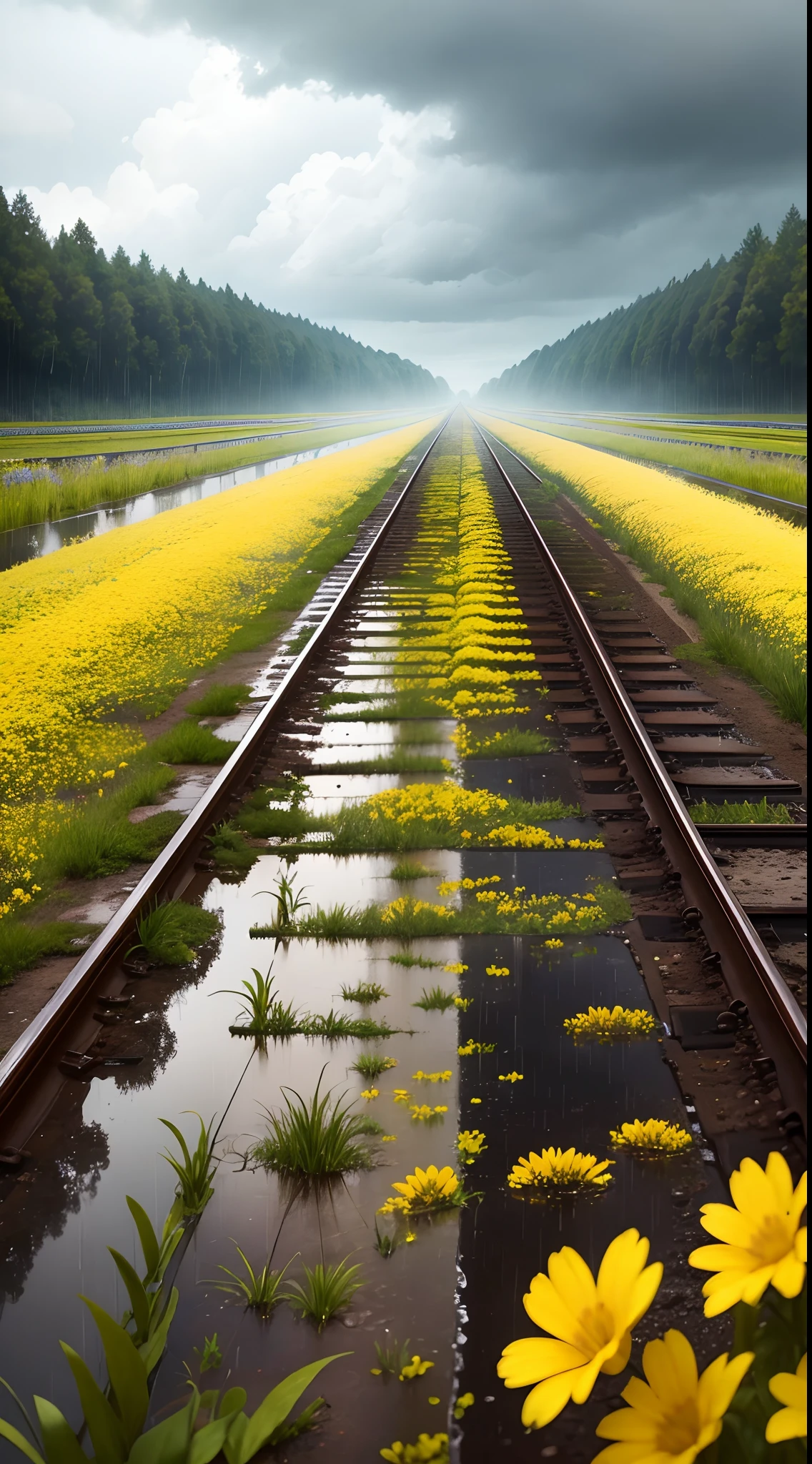 A beautiful rainy day, beautiful sky filled with clouds, heavy rains, shiny floor, an old broken railway track between of a yellow flowers field,landscape, ultra realistic 8k quality,water reflecting