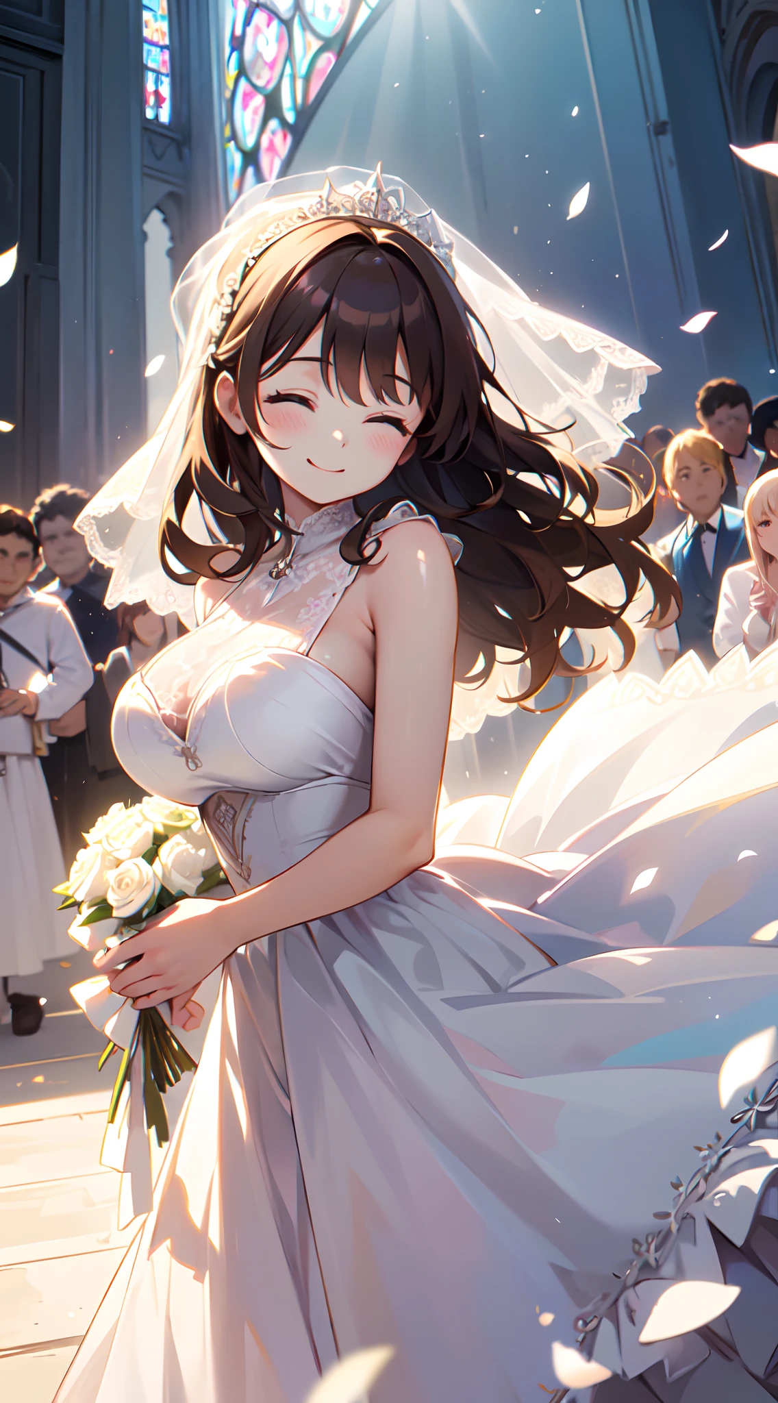 masterpiece,best quality,ultra detailed,8k,pure white wedding dress, (pure white wedding dress with lots of frills and lace:1.3), beautiful wedding veil, tall,big female,gigantic breasts,young,20 years old,medium hair,wavy hair,brown hair, The wind blows, pure white church, {Beautiful light}, (The light shines Shining:1.2), white rose petals are dancing,Close-up,happy,smile,blush,crowd,