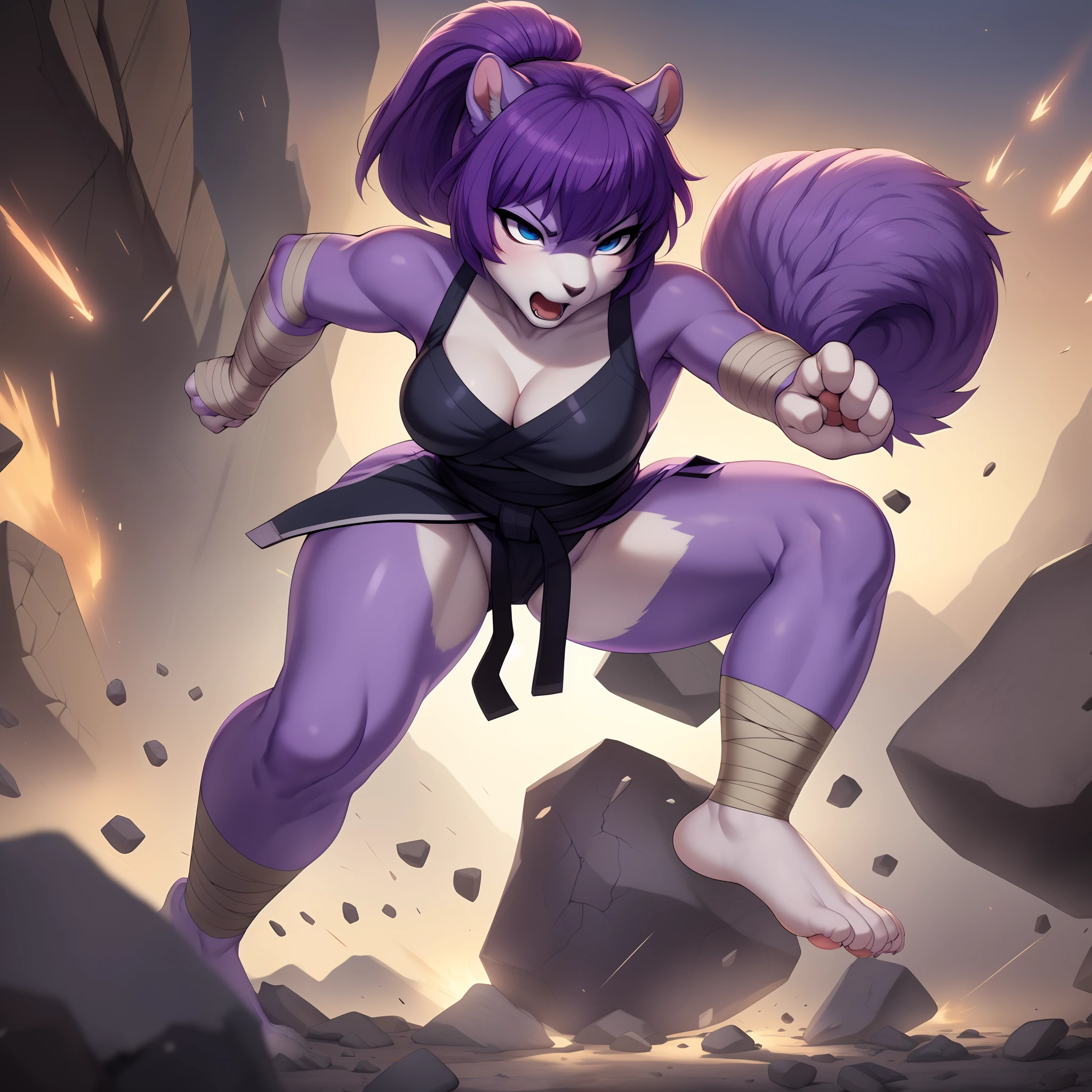 Solo:1.3, Kaori, purple squirrel girl, short purple hair in bun, short purple tail, blue eyes, barefoot, 4 toes, paws, wearing brown and white skimpy martial arts outfit, bandage wraps on hands, standing:1.3, smashing through rocks with fists, punching:1.3, breaking rocks, rocks falling everywhere, angry face, mouth open, by gudlmok99, no background, cinematic, on a Rocky Mountain, earthquake:5, rocks breaking, earth elemental energy, close up, breaking through rocks, rocks being flung around, earthly explosions everywhere,