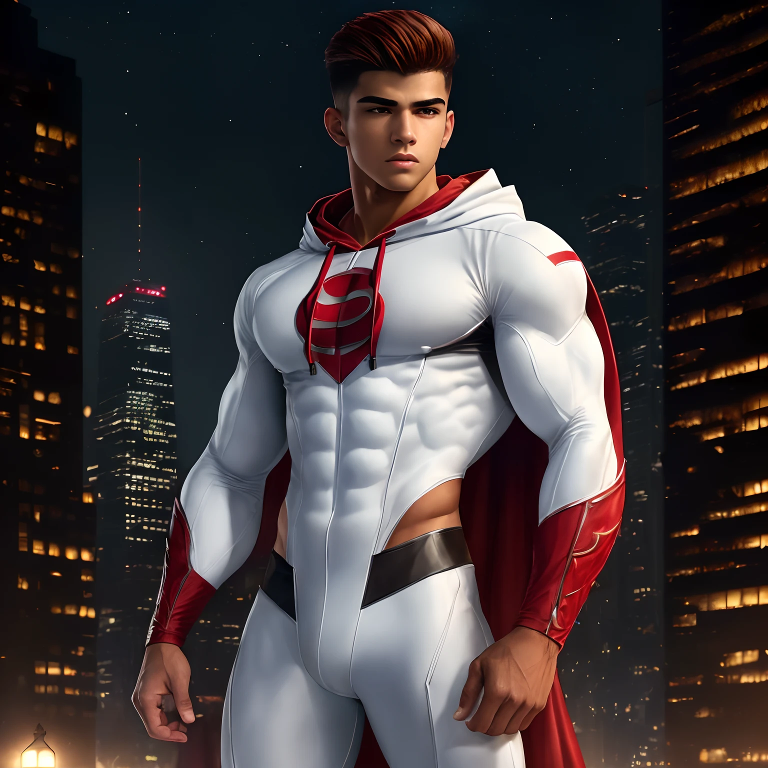 ((Extremely realistic shadows, Masterpiece, extremely detailed, photorealistic)) A teenager at  (Mexican ethnicity), teenager, handsome, young boy, tanned skin, Red hair, Military haircut, very tight clothing, Aesthetic body ; Ripped ABS, athletic, good anatomy, long legs, strong arms. City background, Skyscraper, futuristic city, Night, Stars, Night lights, Super hero, hero, Bodysuit, covered abs, covered pecs, Nothing, hood, hood on. (((HOOD ON))) Cape, A young hero whose presence inspires trust and respect. (((His hero suit is white and red))