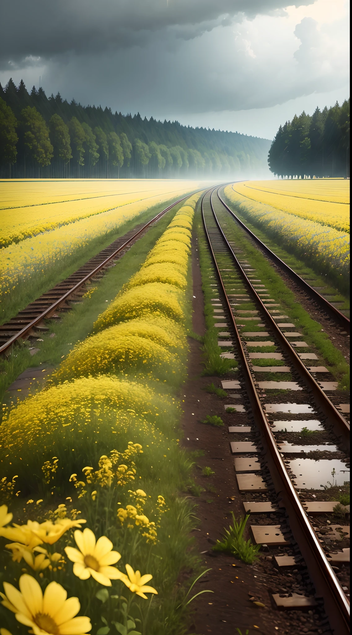 A beautiful rainy day, beautiful sky filled with clouds, heavy rains, shiny floor, an old broken railway track between of a yellow flowers field,landscape, ultra realistic 8k quality,water reflecting