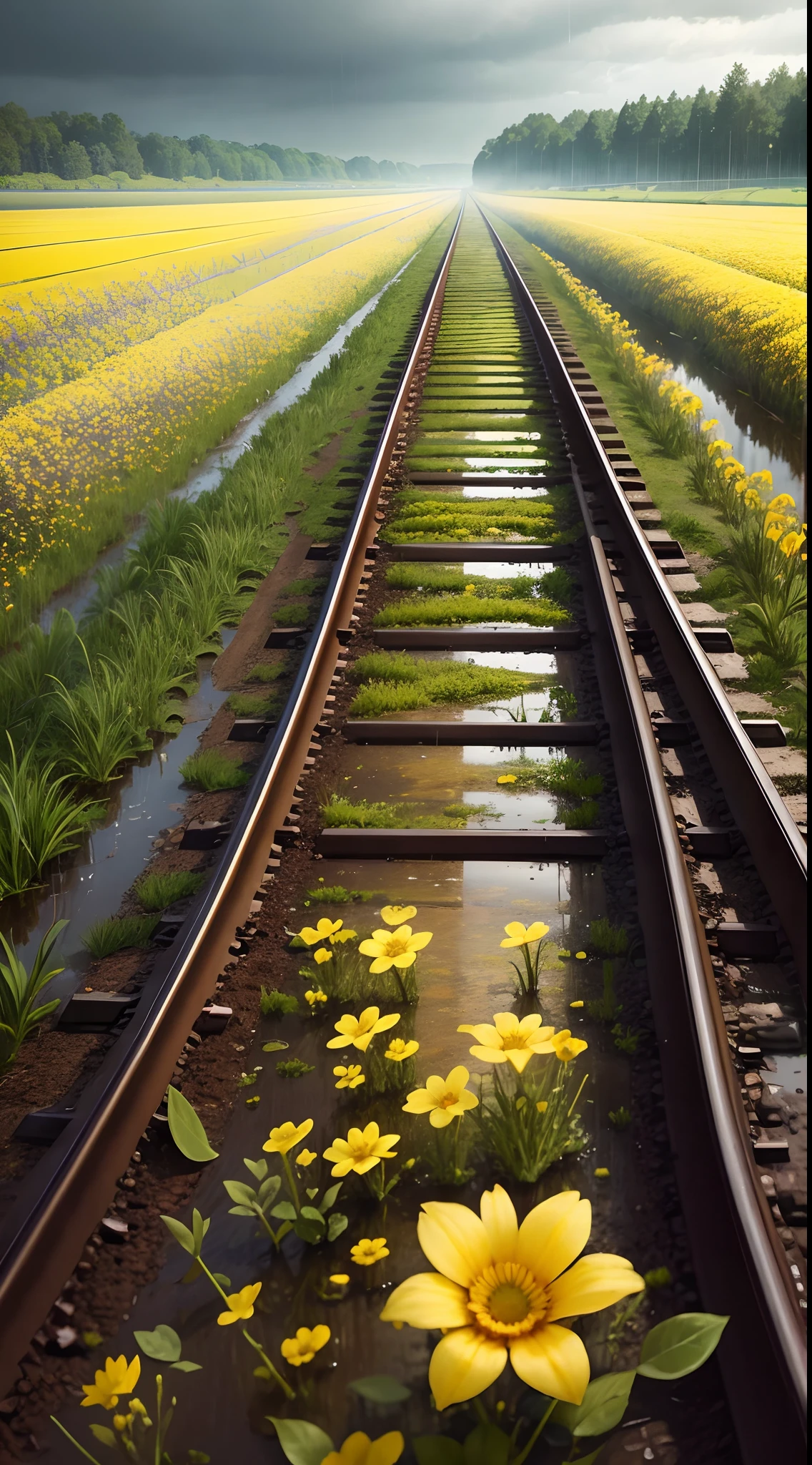 A beautiful rainy day, beautiful sky filled with clouds, heavy rains, shiny floor, an old broken railway track between of a yellow flowers field,landscape, ultra realistic 8k quality,water reflecting