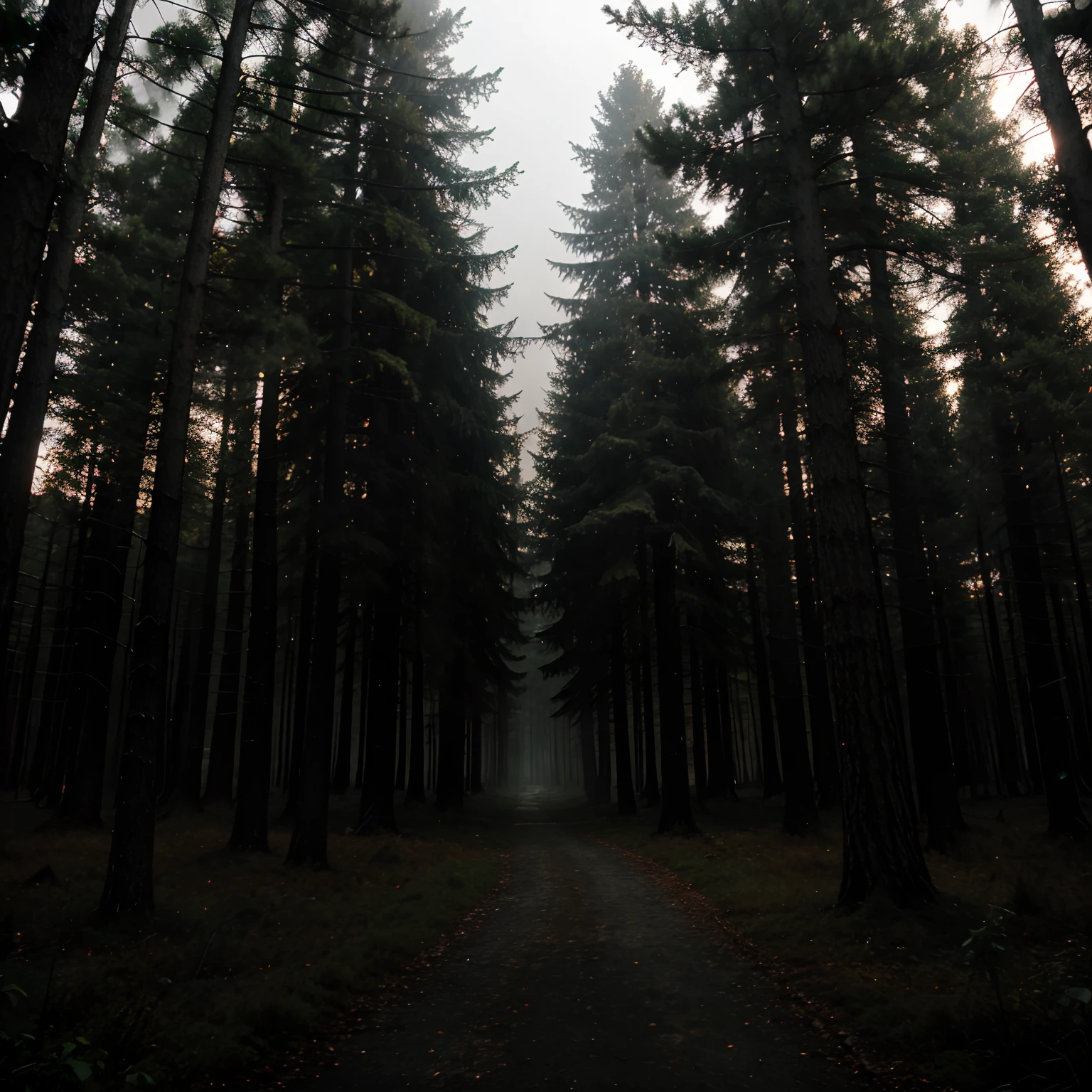 A dark forest at night with fog with several pine trees