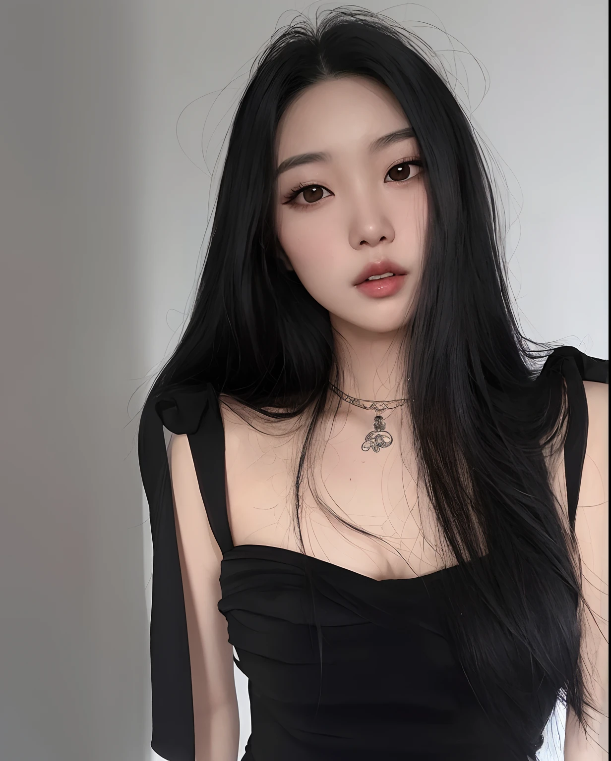 arafed asian woman com longos cabelos pretos sitting on a bed, cruel korean goth girl, asian girl Com cabelo comprido, cabelo preto longo e fino, com longos cabelos escuros, com cabelo preto liso, com longos cabelos pretos, Com cabelo comprido and piercing eyes, pale gothic beauty, Com cabelo comprido, corte de cabelo preto hime,  coreana, cabelo longo escuro claro. apathetic