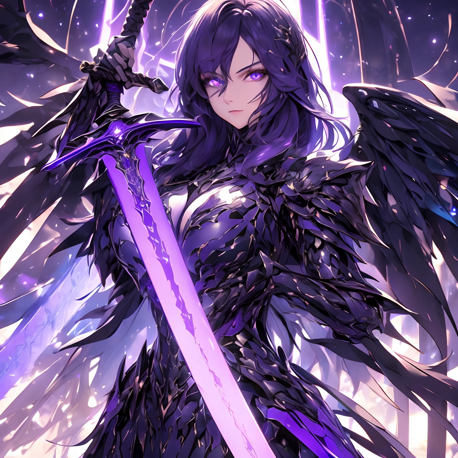(hailoknight, Solo, 1girl wearing black armor, beautiful violet eyes, long blacke hair, violet wings, holding giant violet energy sword infront of her, holding sword:1.3), (simple glowing background:1.25)masterpiece, best quality, wide-angle, Hyperdetailed, masterpiece, best quality, 8k, natural lighting, soft lighting, sunlight, HDR (High Dynamic Range), Maximum Clarity And Sharpness, Multi-Layered Textures