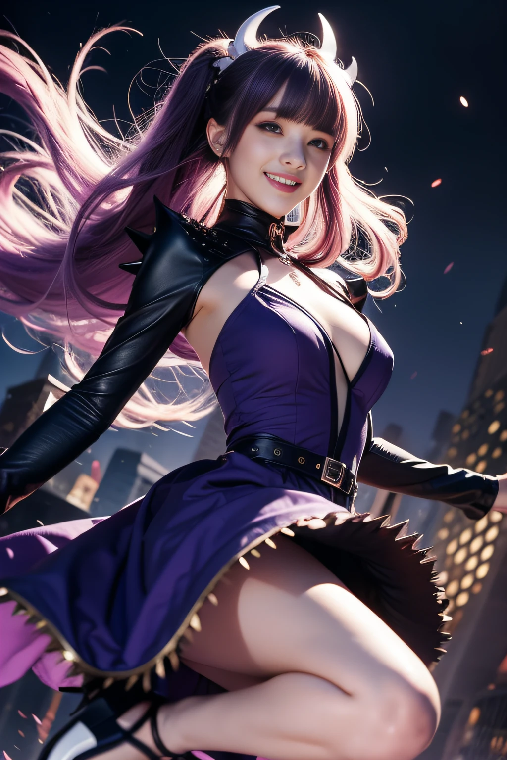 ghost, (Monster Girl), Purple skin, spikes, spiky purple hair, Fanged smile, floating hands, Wearing a dark purple dress, Floating in mid-air, masutepiece, Best Quality