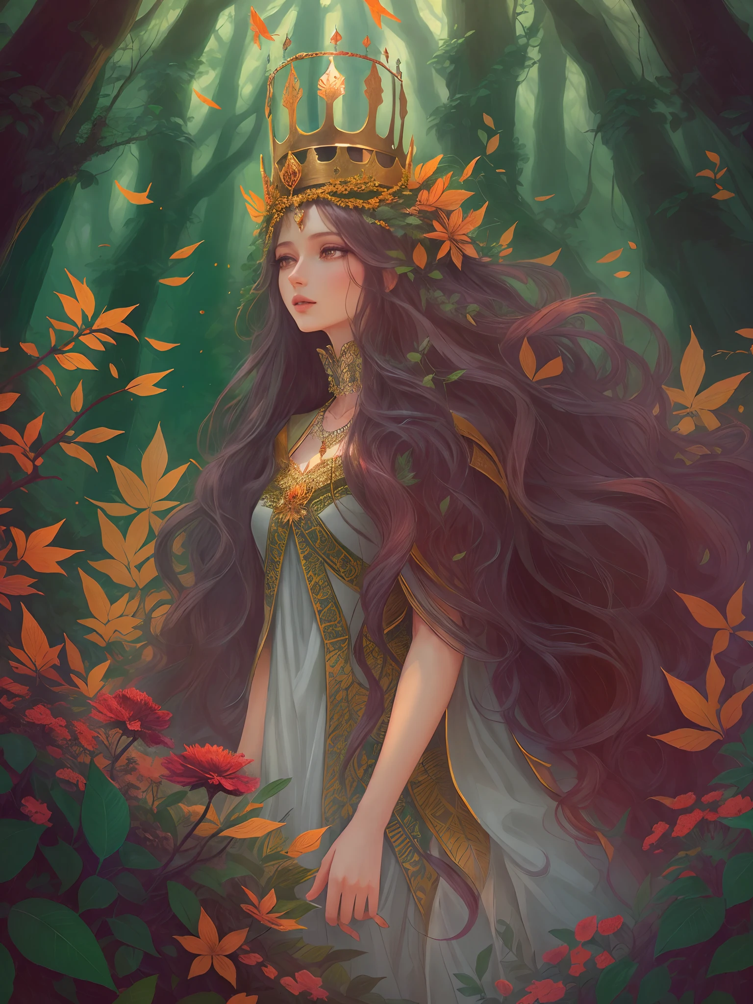 (a towering giant,a queen of the forest),illustration,detailed forest background,beautiful detailed eyes,long flowing hair,crown of leaves and flowers,enchanted atmosphere,mysterious aura,(best quality,highres),vibrant colors,warm color tones,natural lighting