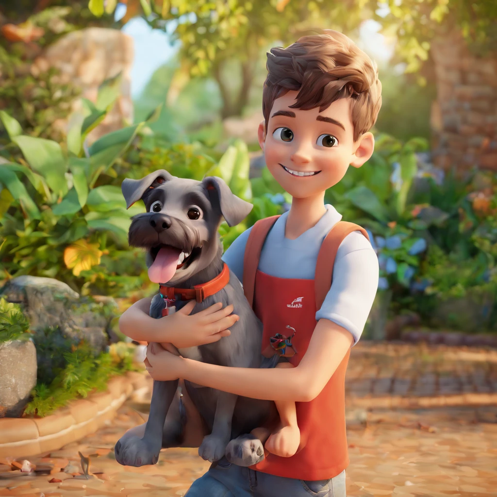 Lucas is a smiling 15-year-old human boy, com seu fiel amigo, Bolt, o cachorro schnauzer, deitados no jardim