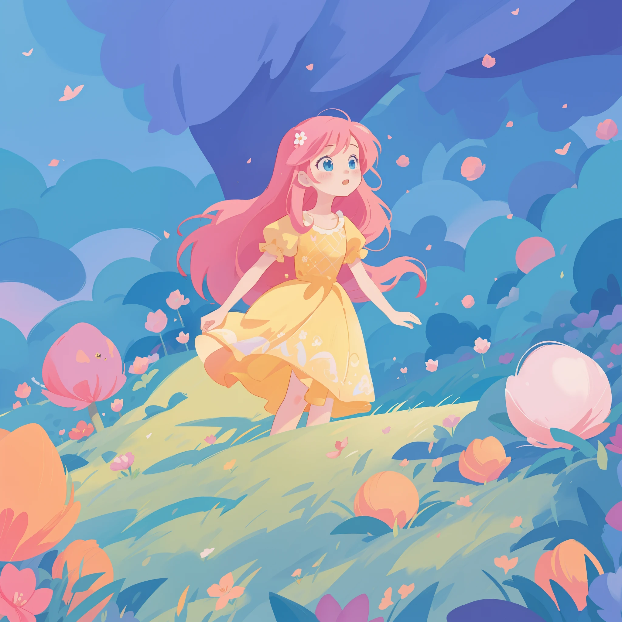 beautiful girl in puffy gradient ballgown, a field with round puffball pink flowers, otherworldly flowers, whimsical landscape, long pink flowing hair, watercolor illustration, inspired by Glen Keane, inspired by Lois van Baarle, disney art style, by Lois van Baarle, by Glen Keane, jen bartel, digital painting, beautiful digital illustration, fantasia otherworldly landscape plants flowers, beautiful, masterpiece, best quality, anime disney style
