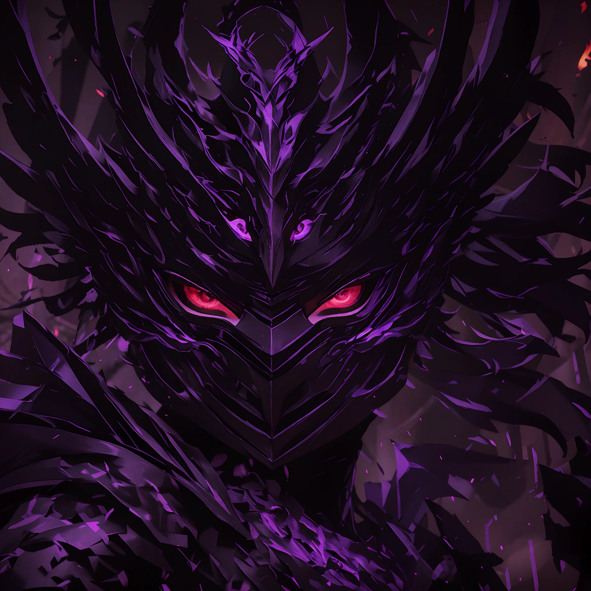 Warrior wearing a black and violet mask, with fierce violet flames