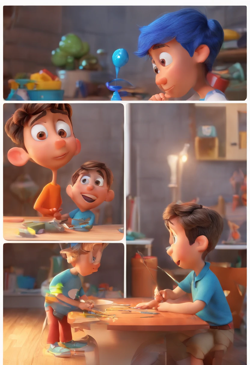 Estilo Pixar: The grown man is holding a naked blue-eyed boy and in his other hand he is holding a pair of scissors and is trying to cut off the boy's testicles,3D Poster,Disney