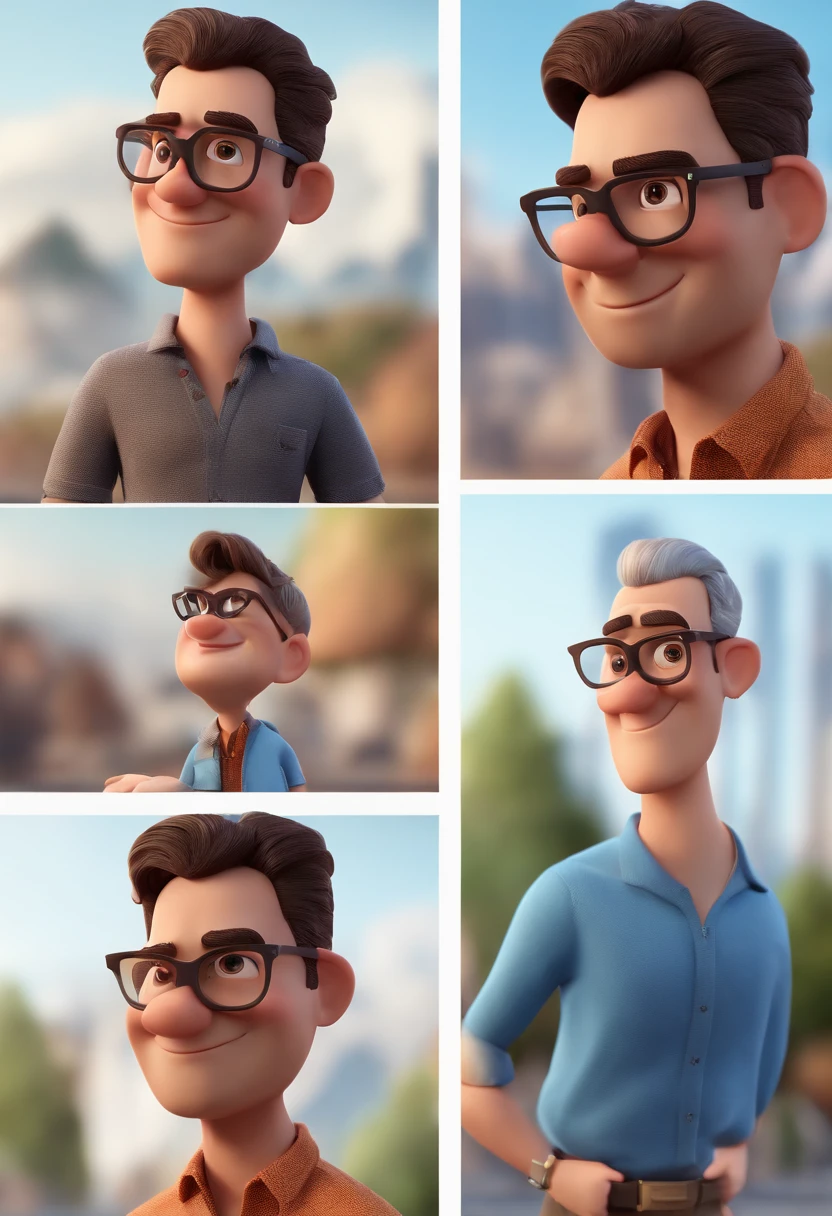 Cartoon character of a man with black glasses and a blue shirt, animation character, Caractere estilizado, animation style rendering, 3D estilizado, Arnold Maya render, 3 d render stylized, toon render keyshot, Personagem 3D, Personagem 3D, 3d rendering stylized, 3 d character render, personagem de desenho animado, Personagem de close up, Pose de personagem, (Estilo Pixar) (master part:1.2) (Bokeh) (best quality) (pele detalhada) (textura detalhada) (8k) (argila) (Cinematic lighting) (foco nítido