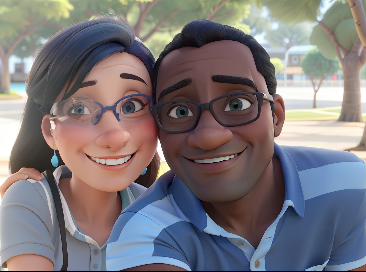 Homem negro com 40 anos, cavanhaque, com camisa polo azul marinho e listras azul clara com bordas brancas. Ao lado de uma mulher com 40 anos, morena com cabelos claros, Black blouse with thin strap, sunglasses on head, sorrindo com brincos. The two are facing each other, sorrindo, sentados em um banco no jardim.