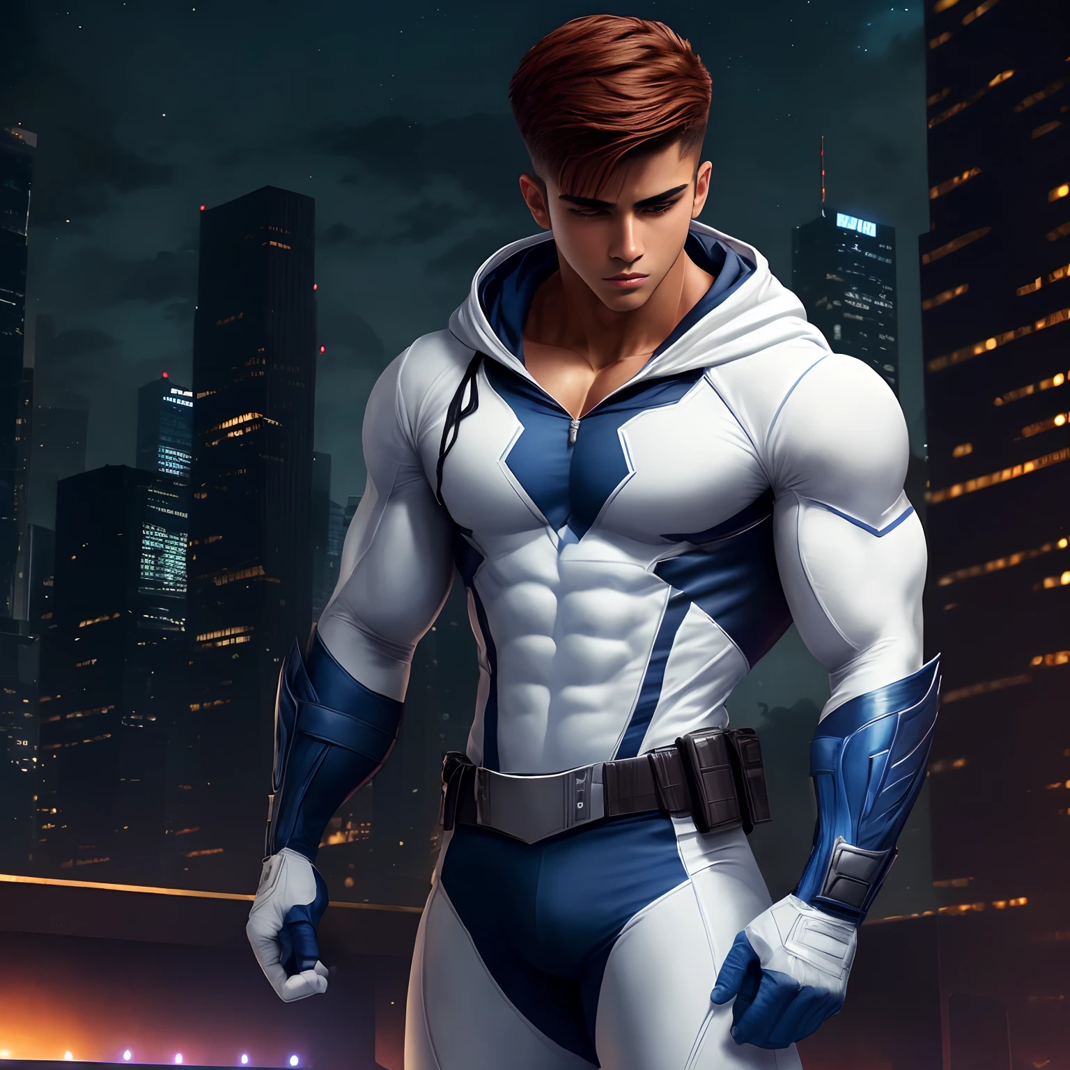 ((Extremely realistic shadows, Masterpiece, extremely detailed, photorealistic)) A teenager at  (Mexican ethnicity), teenager, handsome, young boy, tanned skin, Red hair, Military haircut, very tight clothing, Aesthetic body ; Ripped ABS, athletic, good anatomy, long legs, strong arms. City background, Skyscraper, futuristic city, Night, Stars, Night lights, Super hero, hero, Bodysuit, covered abs, covered pecs, Nothing, hood, hood on. A young hero whose presence inspires trust and respect. (((His hero suit is white and sky blue)