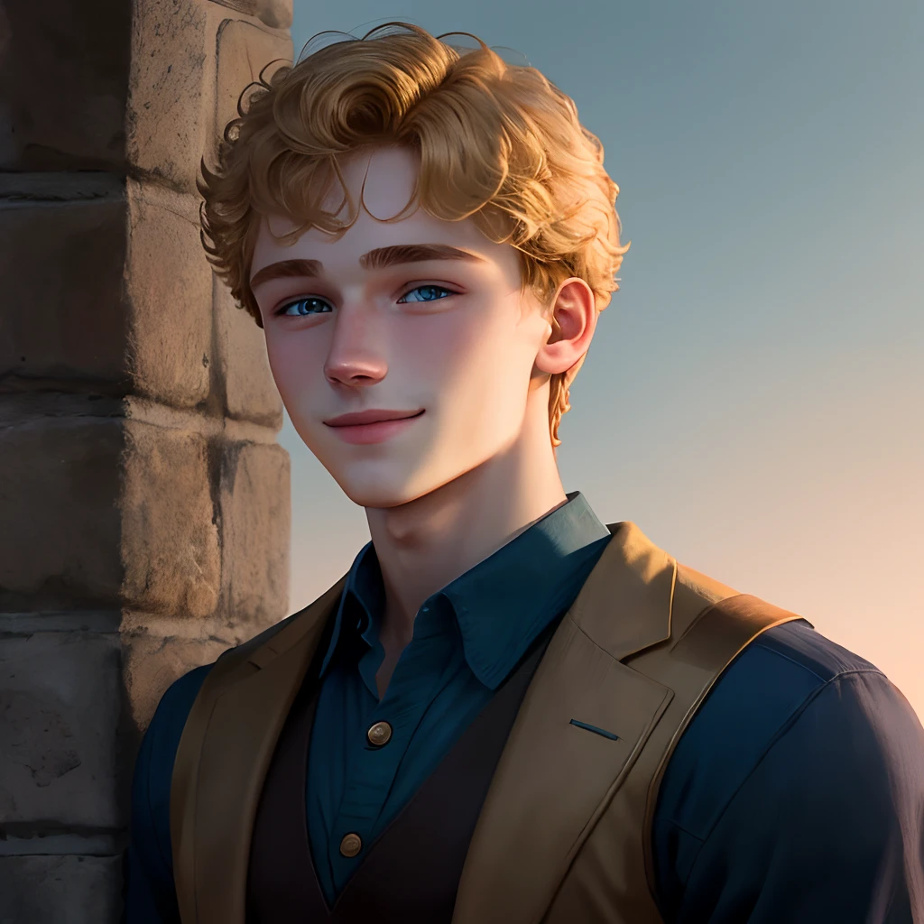 18 year old boy, muscular build, broad shoulders, curly blonde hair, deep blue eyes, golden hour lighting, peeta mellark, peasant clothing, young features, no facial hair, kind eyes, kind smile