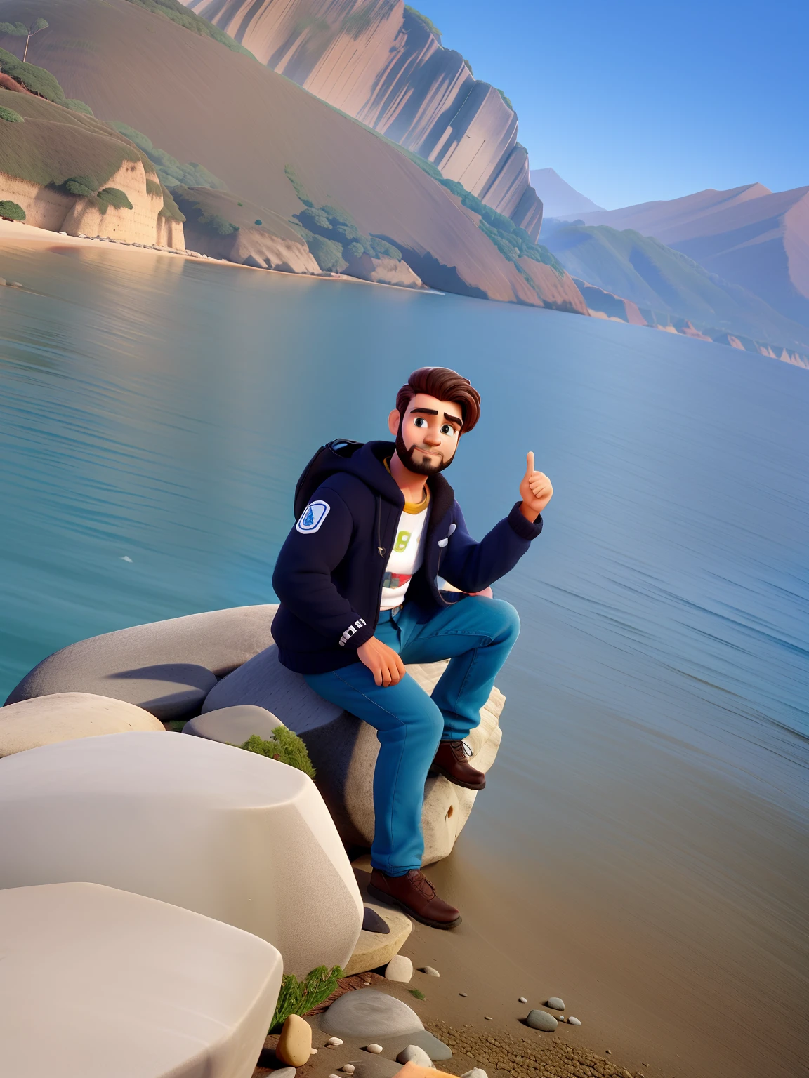 Um homem com cabelo castanho escuro e pouca barba sentadoem uma pedra, contra o pano de fundo de um mar e cordilheira dos andes