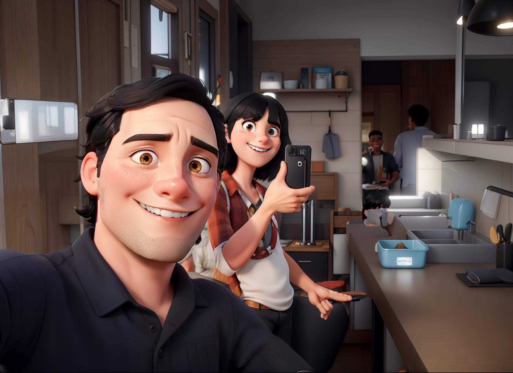 a man with black hair taking a selfie and behind him smiling a white woman with black hair and bangs