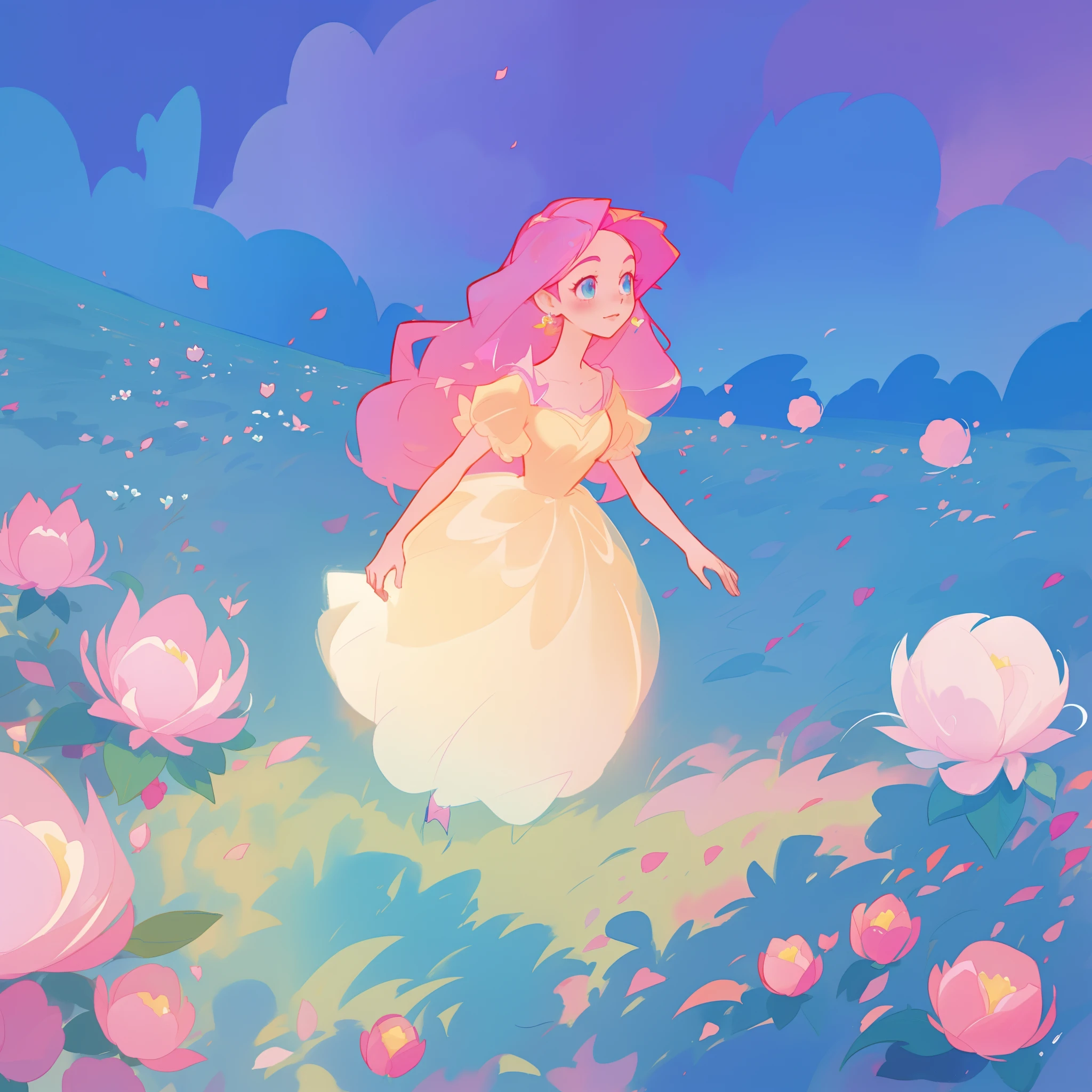 beautiful girl in puffy glowing ballgown, a field with round puffball pink flowers, otherworldly flowers, whimsical landscape, long pink flowing hair, watercolor illustration, inspired by Glen Keane, inspired by Lois van Baarle, disney art style, by Lois van Baarle, by Glen Keane, jen bartel, digital painting, beautiful digital illustration, fantasia otherworldly landscape plants flowers, beautiful, masterpiece, best quality, anime disney style