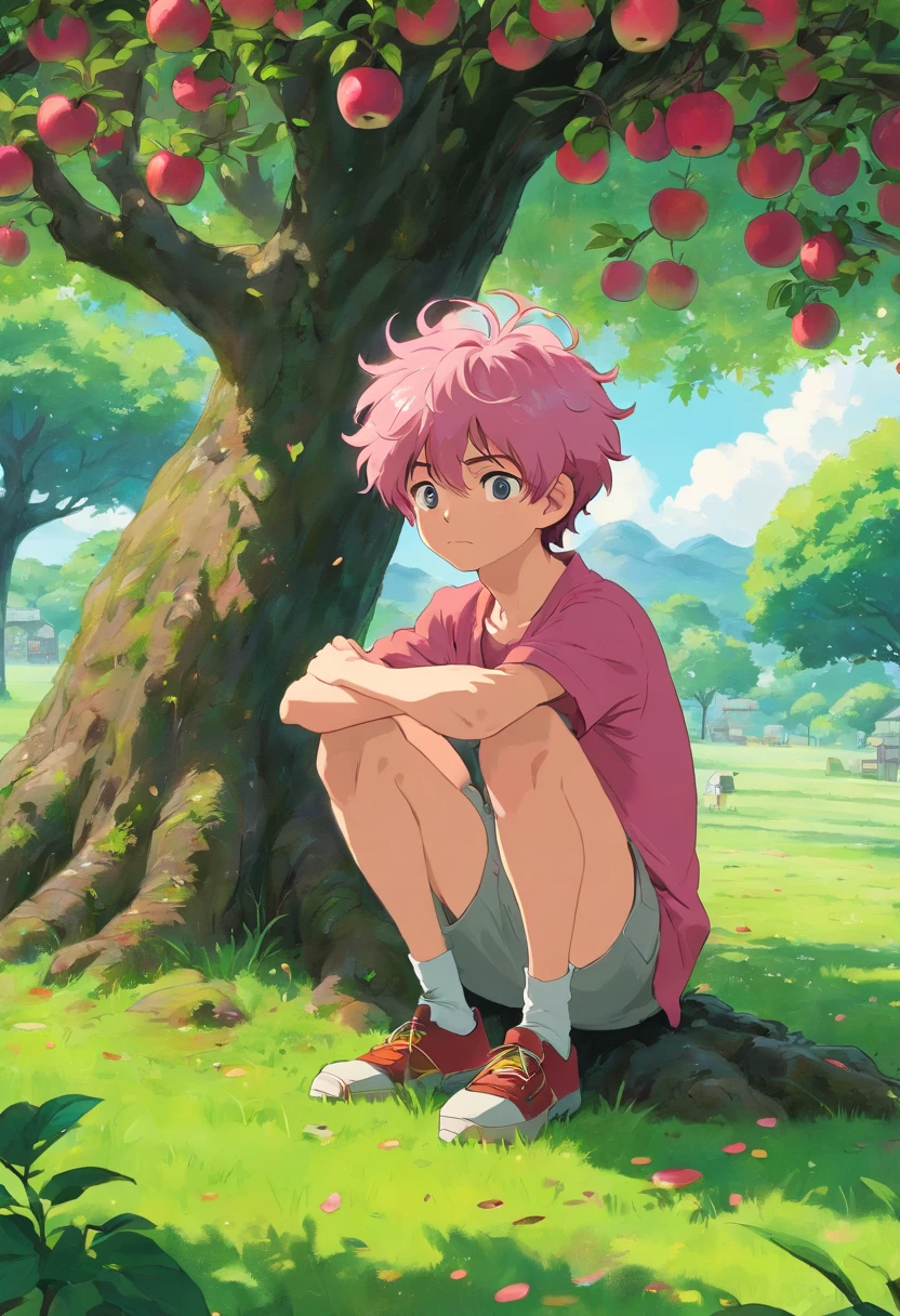 A boy with pink scraggly hair sitting under an apple tree while it's lightly raining