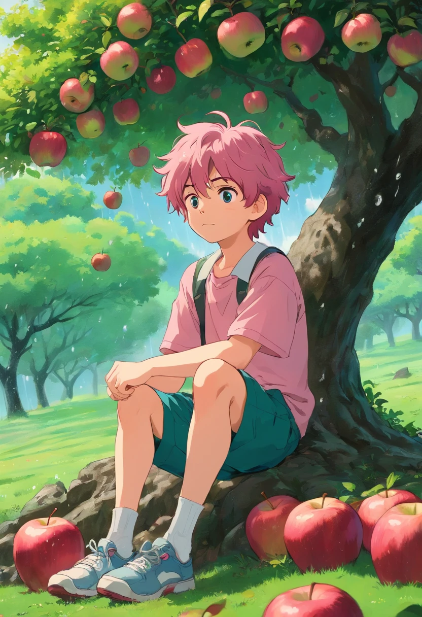 A boy with pink scraggly hair sitting under an apple tree while it's lightly raining