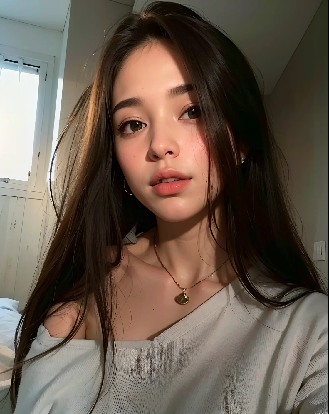 Masutepiece、highest qualityr、high resolusion, 19 years old, Younger headshot in room sweter z dużym dekoltem you can see medium sized breasts Beautiful bust girl Black hair Bun hair Beautiful firm breasts are comb big oczami seksowna, sentada en la cama.