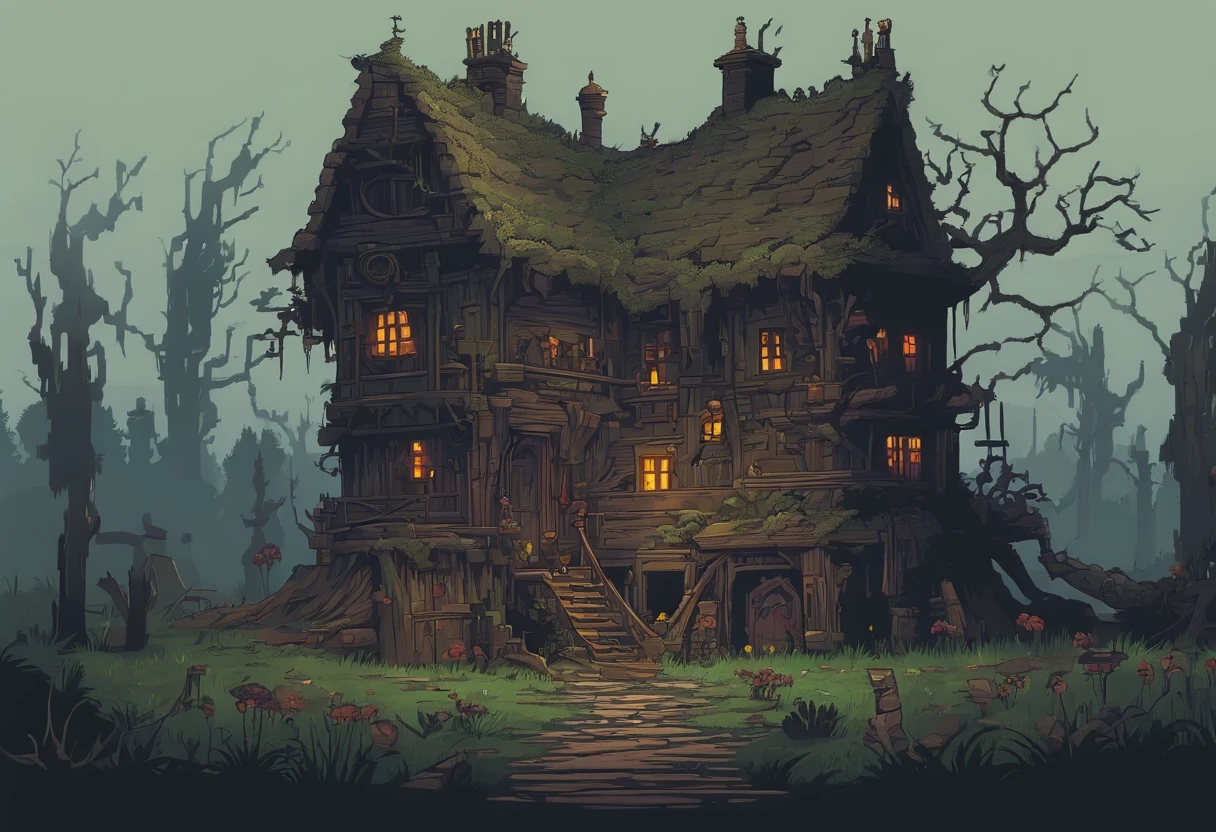 (a dilapidated,creepy,spooky) hut,swamp,misty,moonlit,witch,foreboding,shadows,darkness,dried branches,scraggly trees,bubbling cauldron,toads,croaking,foggy,moss-covered,rotting wood,hauntingly beautiful,glowing eyes,mystical atmosphere,enchanting,moonlight filtering through the trees,raven perched on a branch,magic spells,steamy potion,stirring the cauldron,ancient books of spells,dusty spellbooks,spider webs,cackling laughter,thick vines,ominous signs,crumbling walls,cracked windows,whispers in the wind,grimoire,spooky silhouette,sinister creatures,crooked chimney,creeping vines,hidden secrets,witch's broomstick,creepy crawlies,raucous animals,8bit,4K HD,high quality.