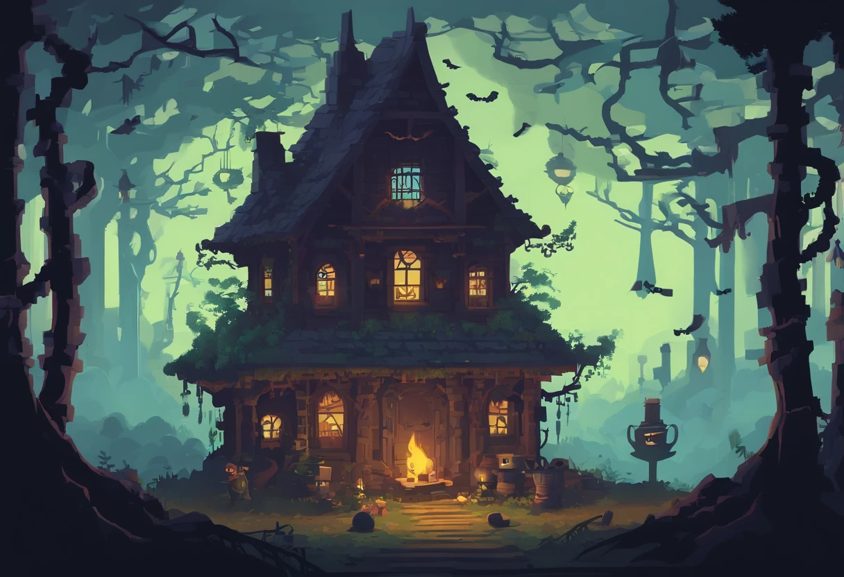 (a dilapidated,creepy,spooky) hut,swamp,misty,moonlit,witch,foreboding,shadows,darkness,dried branches,scraggly trees,bubbling cauldron,toads,croaking,foggy,moss-covered,rotting wood,hauntingly beautiful,glowing eyes,mystical atmosphere,enchanting,moonlight filtering through the trees,raven perched on a branch,magic spells,steamy potion,stirring the cauldron,ancient books of spells,dusty spellbooks,spider webs,cackling laughter,thick vines,ominous signs,crumbling walls,cracked windows,whispers in the wind,grimoire,spooky silhouette,sinister creatures,crooked chimney,creeping vines,hidden secrets,witch's broomstick,creepy crawlies,raucous animals,8bit,4K HD,high quality.