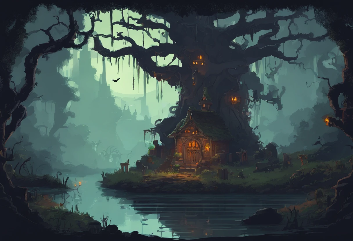 (a dilapidated,creepy,spooky) hut,swamp,misty,moonlit,witch,foreboding,shadows,darkness,dried branches,scraggly trees,bubbling cauldron,toads,croaking,foggy,moss-covered,rotting wood,hauntingly beautiful,glowing eyes,mystical atmosphere,enchanting,moonlight filtering through the trees,raven perched on a branch,magic spells,steamy potion,stirring the cauldron,ancient books of spells,dusty spellbooks,spider webs,cackling laughter,thick vines,ominous signs,crumbling walls,cracked windows,whispers in the wind,grimoire,spooky silhouette,sinister creatures,crooked chimney,creeping vines,hidden secrets,witch's broomstick,creepy crawlies,raucous animals,8bit,4K HD,high quality.