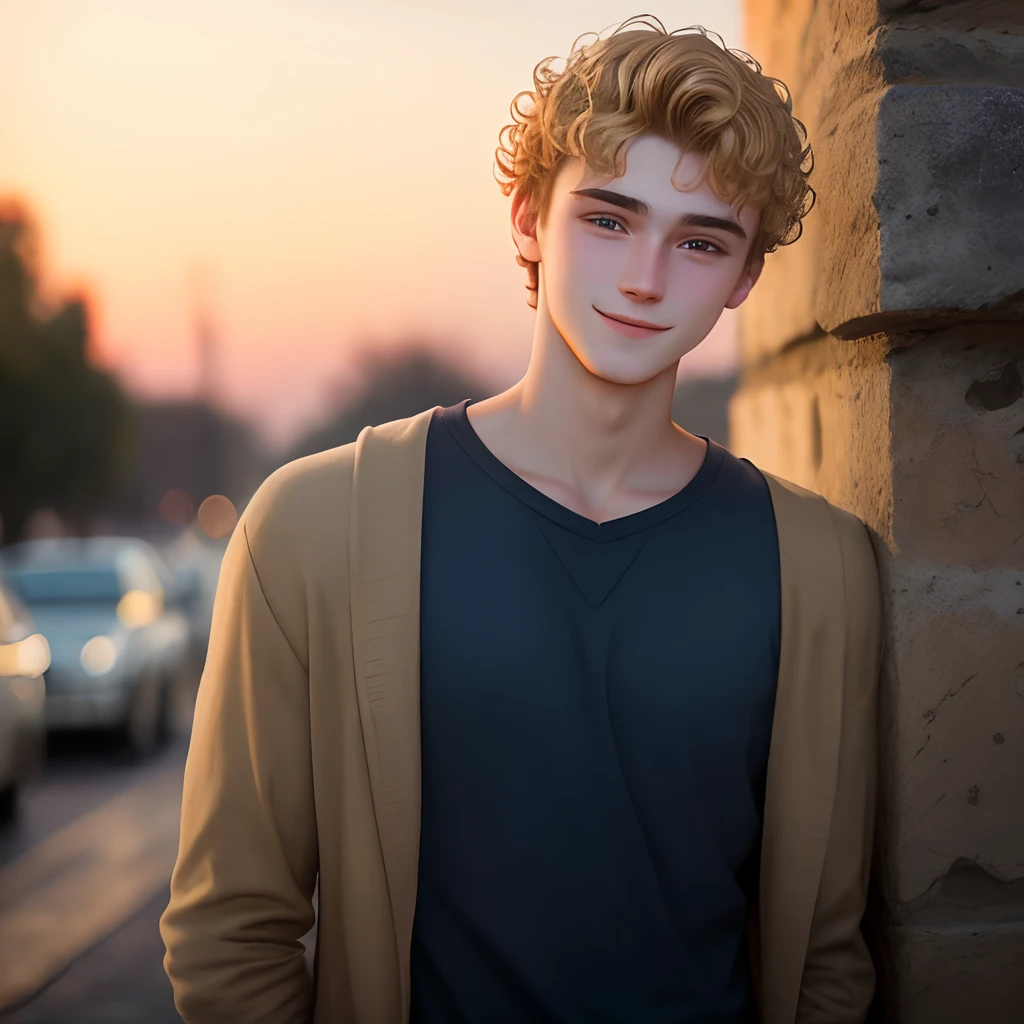 18 year old boy, muscular build, broad shoulders, curly blonde hair, deep blue eyes, golden hour lighting, peeta mellark, peasant clothing, young features, no facial hair, kind eyes, kind smile, photo realistic