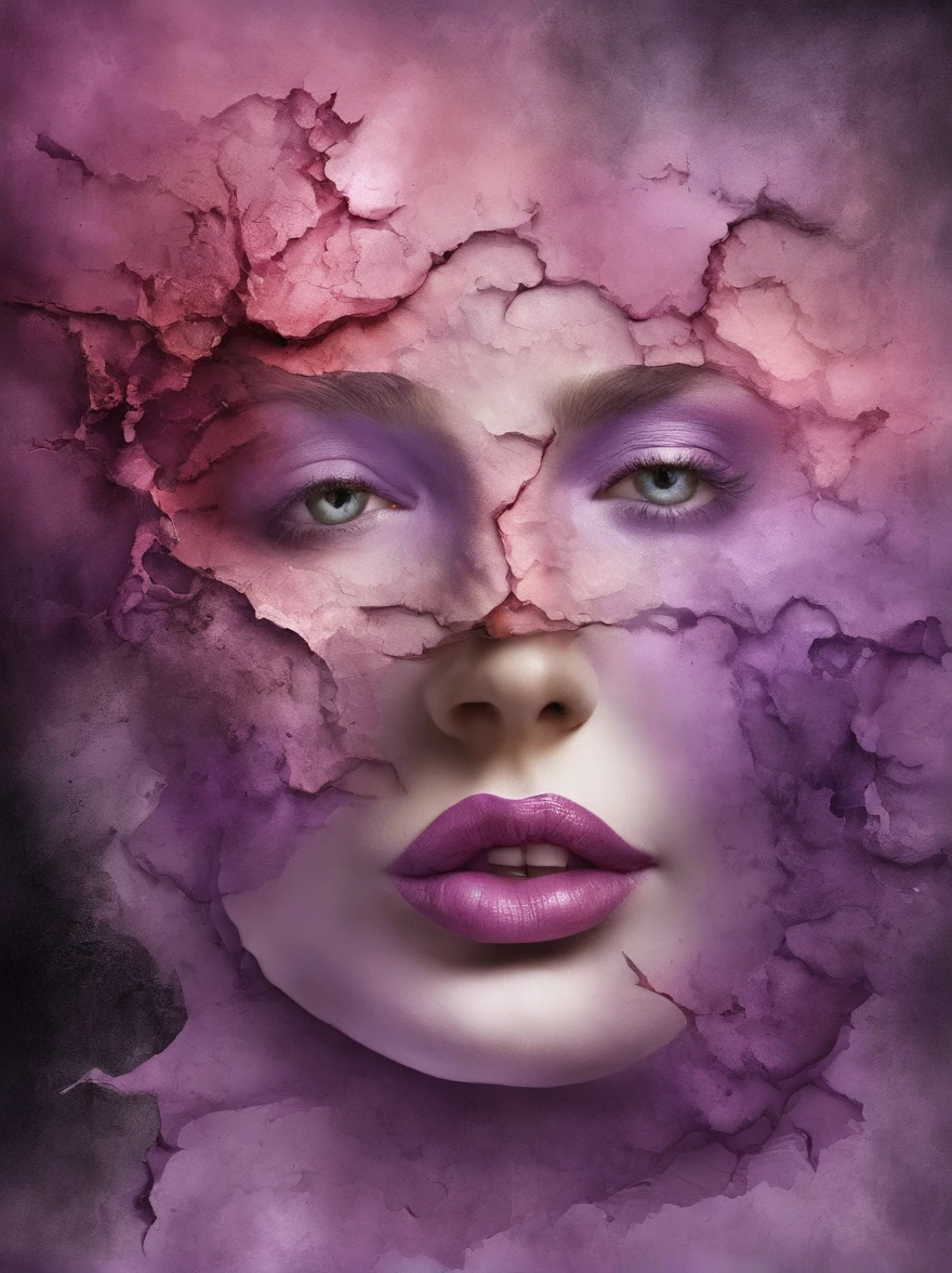 3D Puzzles , Beauty-Looks , Rothaarige, Explosiver Gefechtskopf, Maschinenteile, die in das Gesicht eingebettet sind, Transient, inspiriert von Igor Morski, Dramatisches Kunstwerk, Fotomanipulation, Foto-Manipulation, Zerfall, Explosion von Datenfragmenten, Hm, Offizielle Kunst, Unglaublich hohe Details, Photoshop-Kunst, Rauscheffekt, light purple, auch rosa