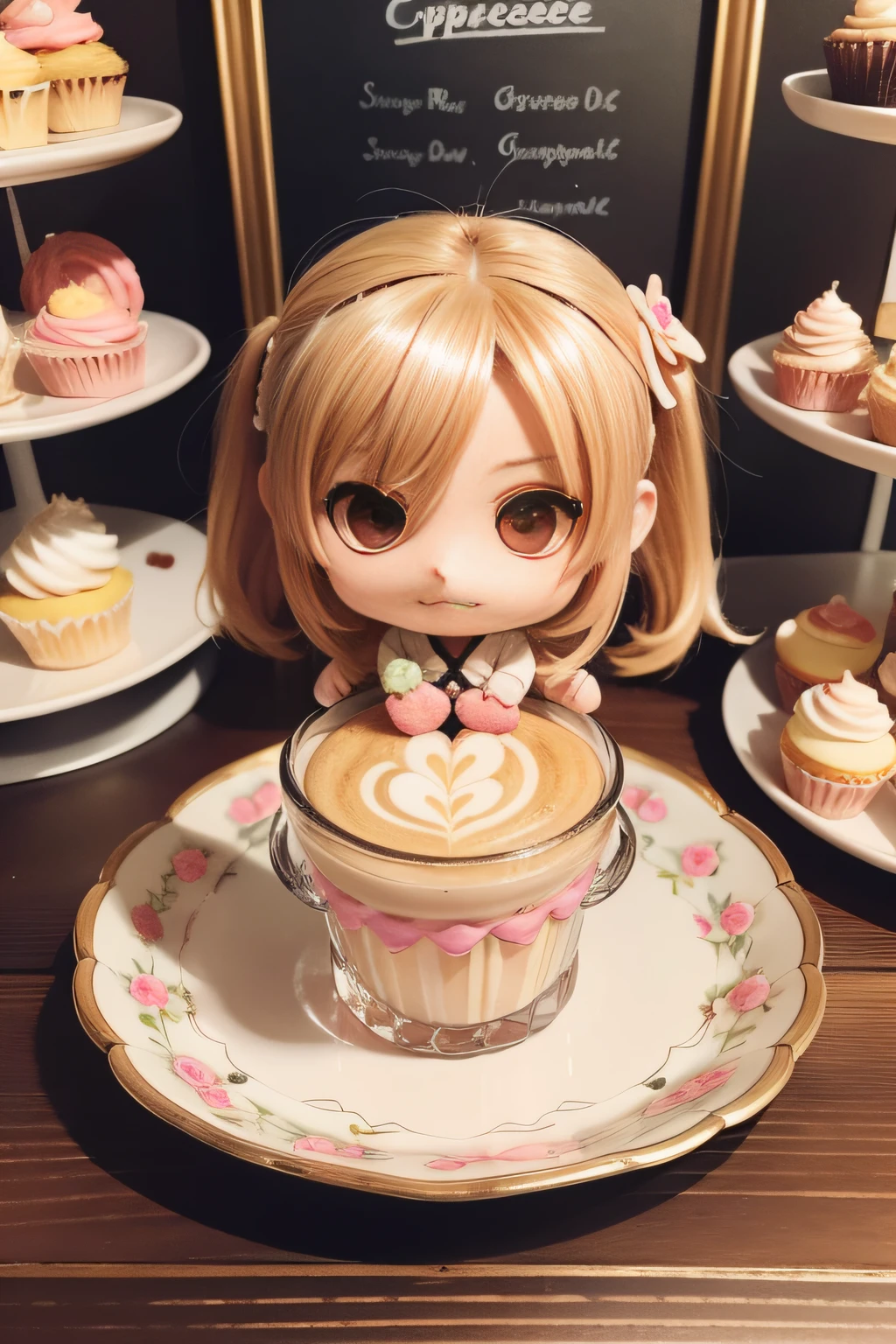 masutepiece, Highly detailed, (Chibi:1.3), , (1girl in), Blonde hair, Pastel colors, cosy atmosphere, Dessert Display Case, buttoning, cupcake, tart, a cake, Coffee machine, Chalkboard Menu, Natural lighting, Glass jar filled with candy, Frosted glazing, Decorative plate, Capricious decoration, Sugar sculpture,