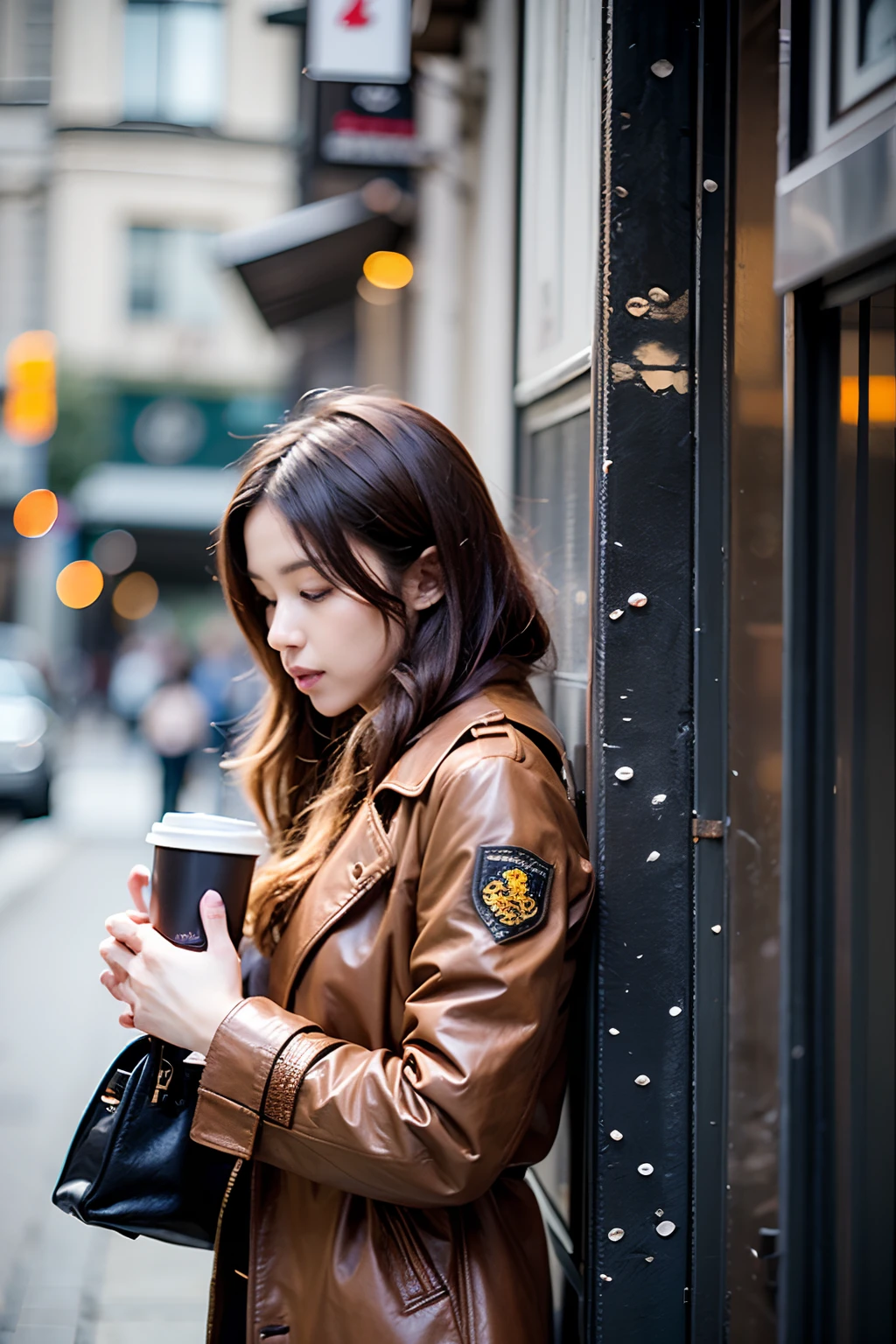 Araf woman leaning against wall with cup of coffee, Brown Leather Maxi Jacket, long coat, Wearing a brown leather coat, Leather Trench Coat, trench coat, Light brown coat, Wearing a leather trench coat, ( ( Wearing a long coat ) ), Leather coat, 165 cm tall, 🚿🗝📝, 155 cm tall
