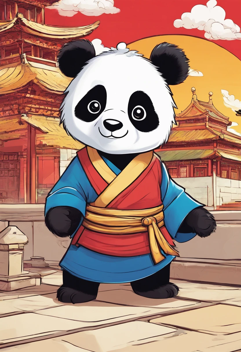 A cartoon giant panda  wearing Hanfu happily plays in front of the Forbidden City，Blue sky, white clouds, and sunshine