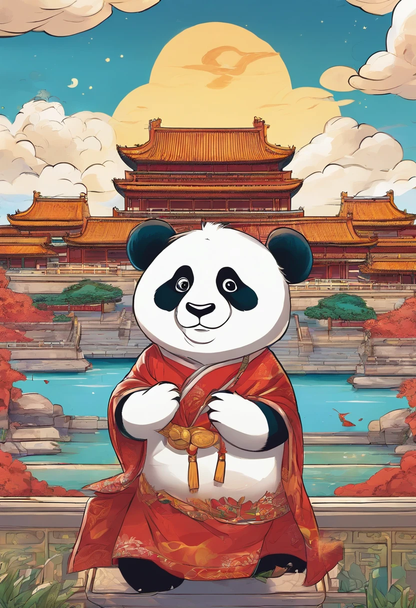 A cartoon giant panda wearing Hanfu happily plays in front of the Forbidden City,Blue sky, white clouds, and sunshine