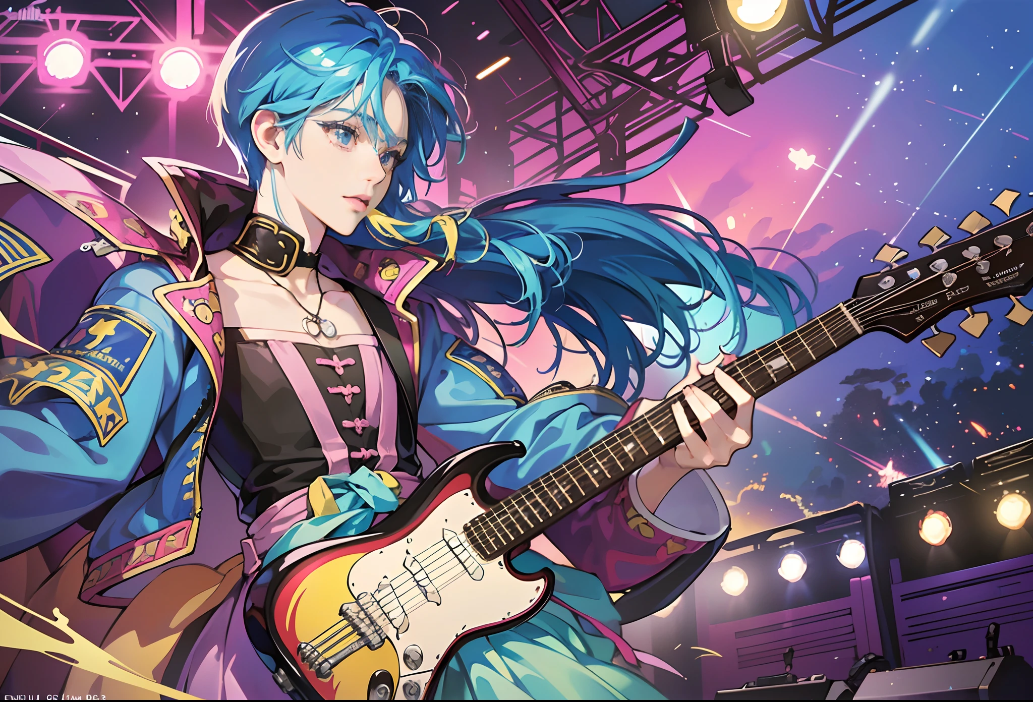 (vibrant colors, super colors, digital drawing style: 1.1), (pleasant atmosphere, fun: 1.1, fun, exciting), holding a guitar, (diffuse lighting), (rock concert, big show), (anime style: 1.1, hand-drawn, super detailed), (symmetry), (no anomalies) --auto --s2
