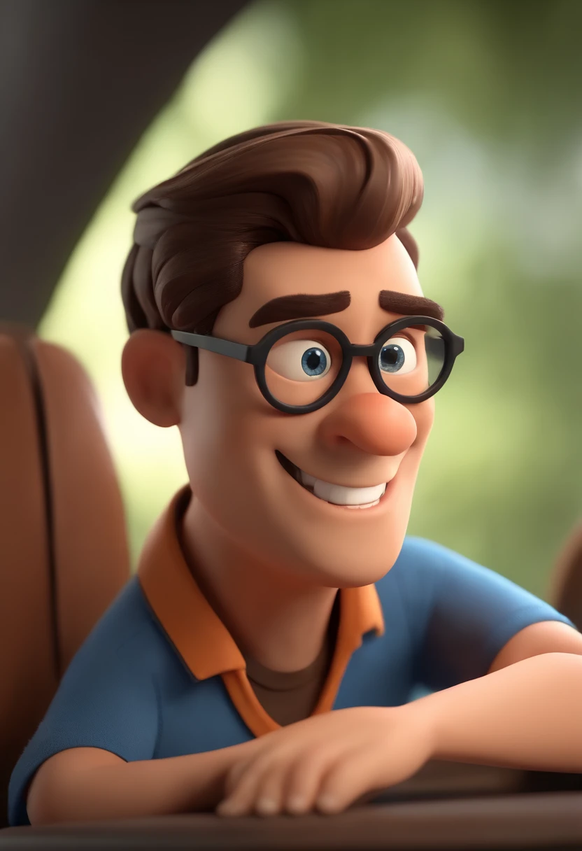 Cartoon character of a man wearing black glasses and a blue shirt, um personagem animado, Caractere estilizado, animation style rendering, 3D estilizado, Arnold Maya render, 3 d render stylized, toon render keyshot, Personagem 3D, Personagem 3D, 3d rendering stylized, 3 d character render, personagem de desenho animado, Personagem de close up, Pose de personagem, (Estilo Pixar) (master part:1.2) (Bokeh) (best quality) (pele detalhada) (textura detalhada) (8k) (argila) (Cinematic lighting) (foco nítido,Senta e vaza a parte superior do corpo