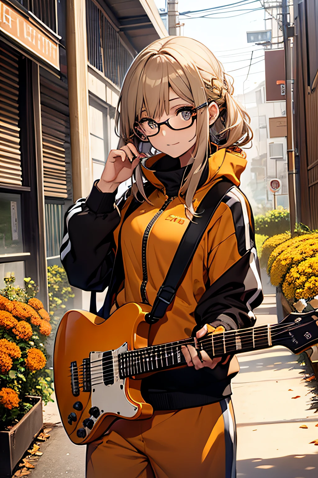 Female, Marigold hair, Marigold tracksuit, Guitar, glasses