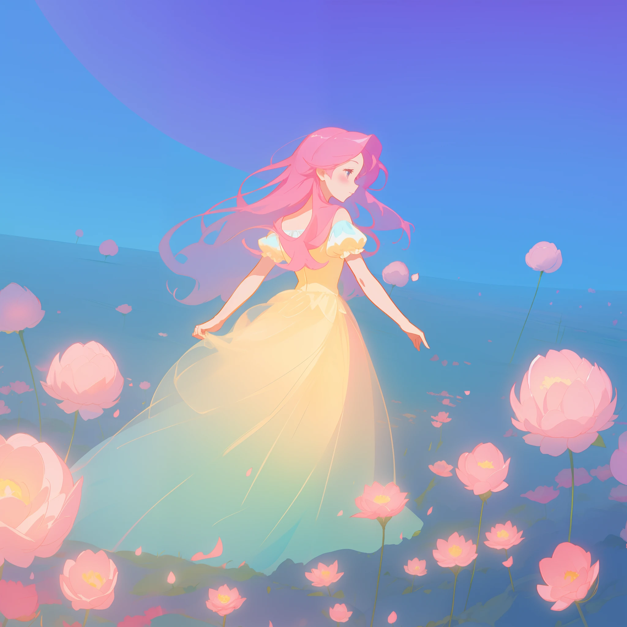 beautiful girl in puffy glowing ballgown, a field with round puffball pink flowers, otherworldly flowers, whimsical landscape, long pink flowing hair, watercolor illustration, inspired by Glen Keane, inspired by Lois van Baarle, disney art style, by Lois van Baarle, by Glen Keane, jen bartel, digital painting, beautiful digital illustration, fantasia otherworldly landscape plants flowers, beautiful, masterpiece, best quality, anime disney style