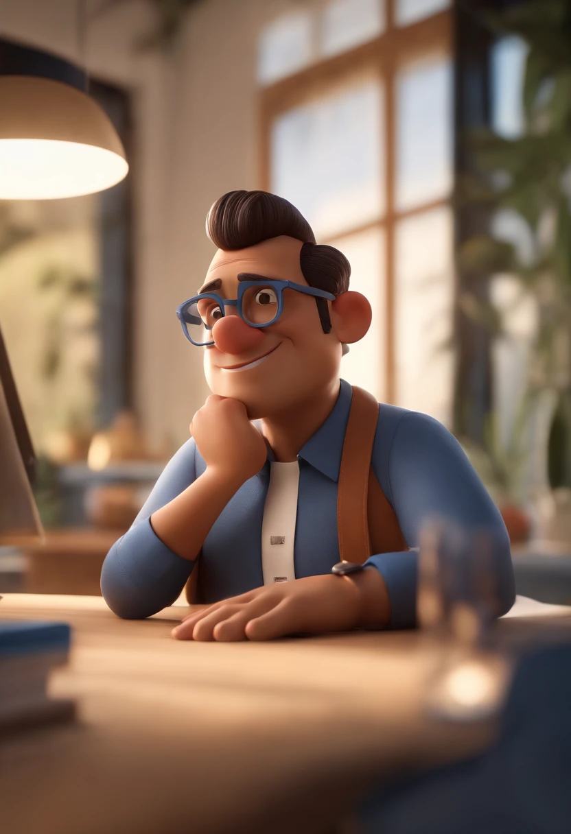 Cartoon character of a man wearing black glasses and a blue shirt, um personagem animado, Caractere estilizado, animation style rendering, 3D estilizado, Arnold Maya render, 3 d render stylized, toon render keyshot, Personagem 3D, Personagem 3D, 3d rendering stylized, 3 d character render, personagem de desenho animado, Personagem de close up, Pose de personagem, (Estilo Pixar) (master part:1.2) (Bokeh) (best quality) (pele detalhada) (textura detalhada) (8k) (argila) (Cinematic lighting) (foco nítido,Senta e vaza a parte superior do corpo