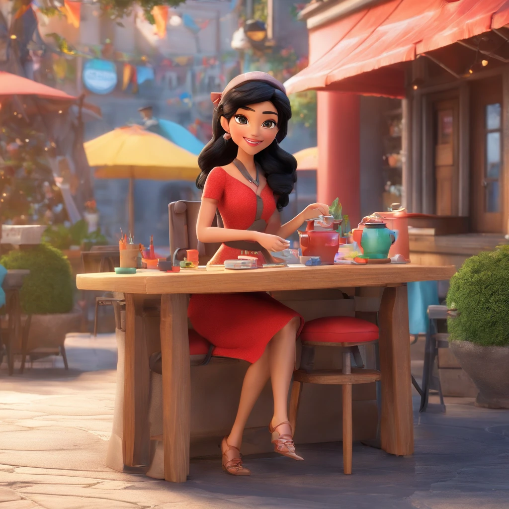 Crie um cartaz inspirado na Disney Pixar com o personagem sendo o Mulher japonesa de 40 anos, Pretty sitting and drinking coffee outside on the street side in a small café, beautiful face, Long black hair halfway down back with dark eyes and eyeliner, Wearing jeans and a red blouse, grande estilo de moda, looking at you with loving eyes and a soft smile, Background is a sewing studio, light cinematic, luz suave, profundidade de campo profunda. With a bag with scissors and a tape measure