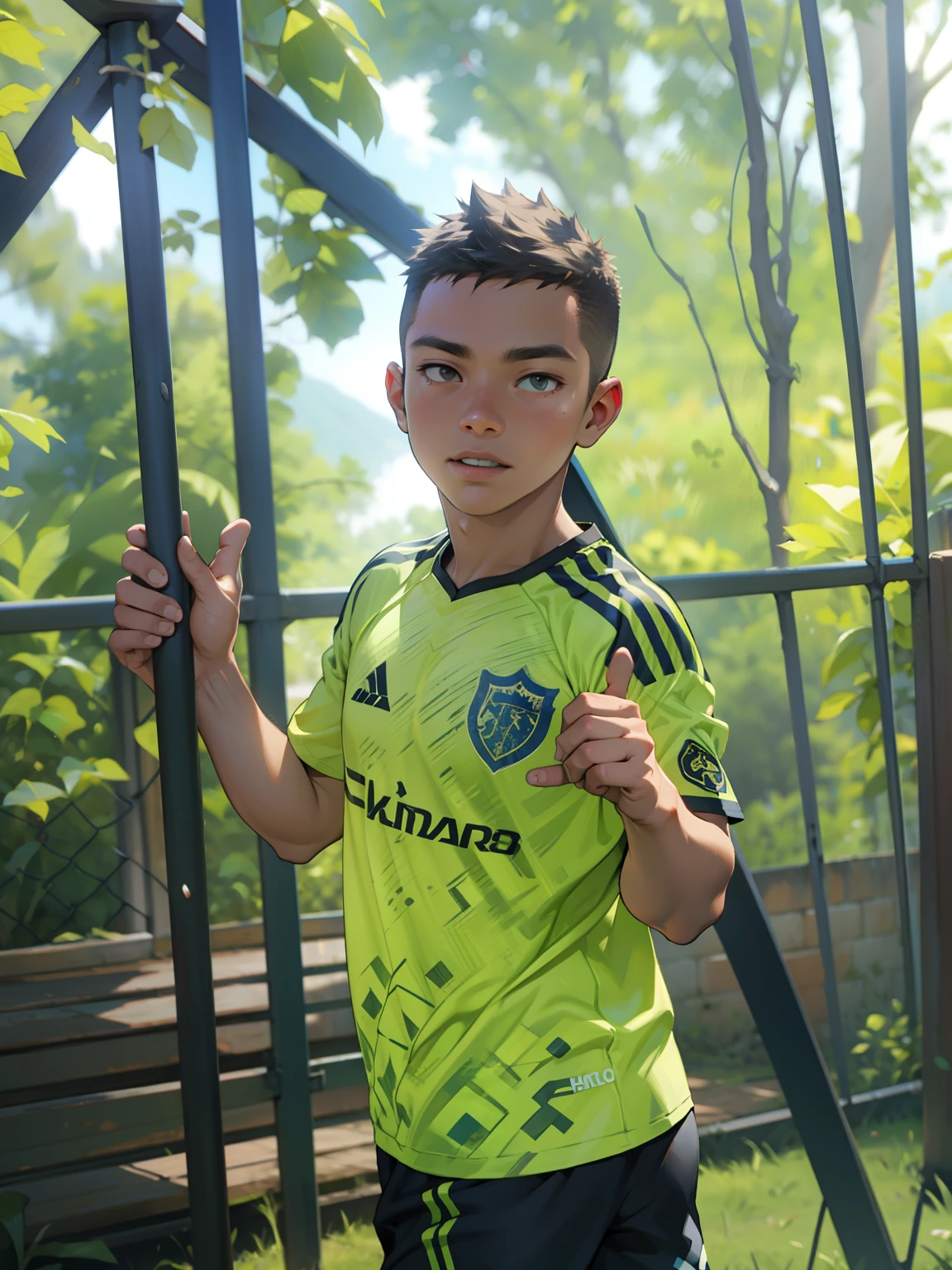 A boy is playing soccer,quadra de futebol
