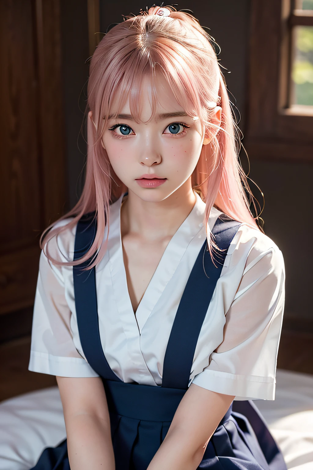 (8k, RAW photo, best quality, masterpiece), (realistic, photo-realistic:1.2), ultra-detailed, 1 girl,cute, solo,beautiful,nose blushing,soft mouth,beautiful detailed Blue eyes, wearing white uniform shirt, dark blue school uniform skirt, average body, floating pink hair, pink hair, GIRL,FEMININE, blue eyes, ultra-fine details, intricate scene, ambient lighting, soft glow, elegant,symmetrical facial features, accurate anatomy, anatomically correct girl, scenic, gossamer, ethereal, 2 buns, gentle, mild, wise, kneeling