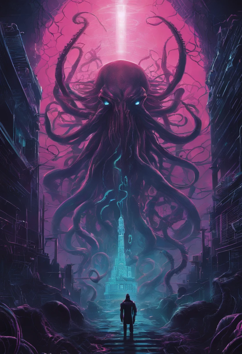 Create an illustration that envisions the awakening of a Lovecraftian entity like Cthulhu in a futuristic, cyberpunk world. Portray the entity emerging from a digital abyss, with tendrils and tentacles intertwined with cybernetic components. Explore the unsettling blend of ancient cosmic horror and advanced technology, with neon lights and digital interfaces juxtaposed with eldritch horrors from beyond.
