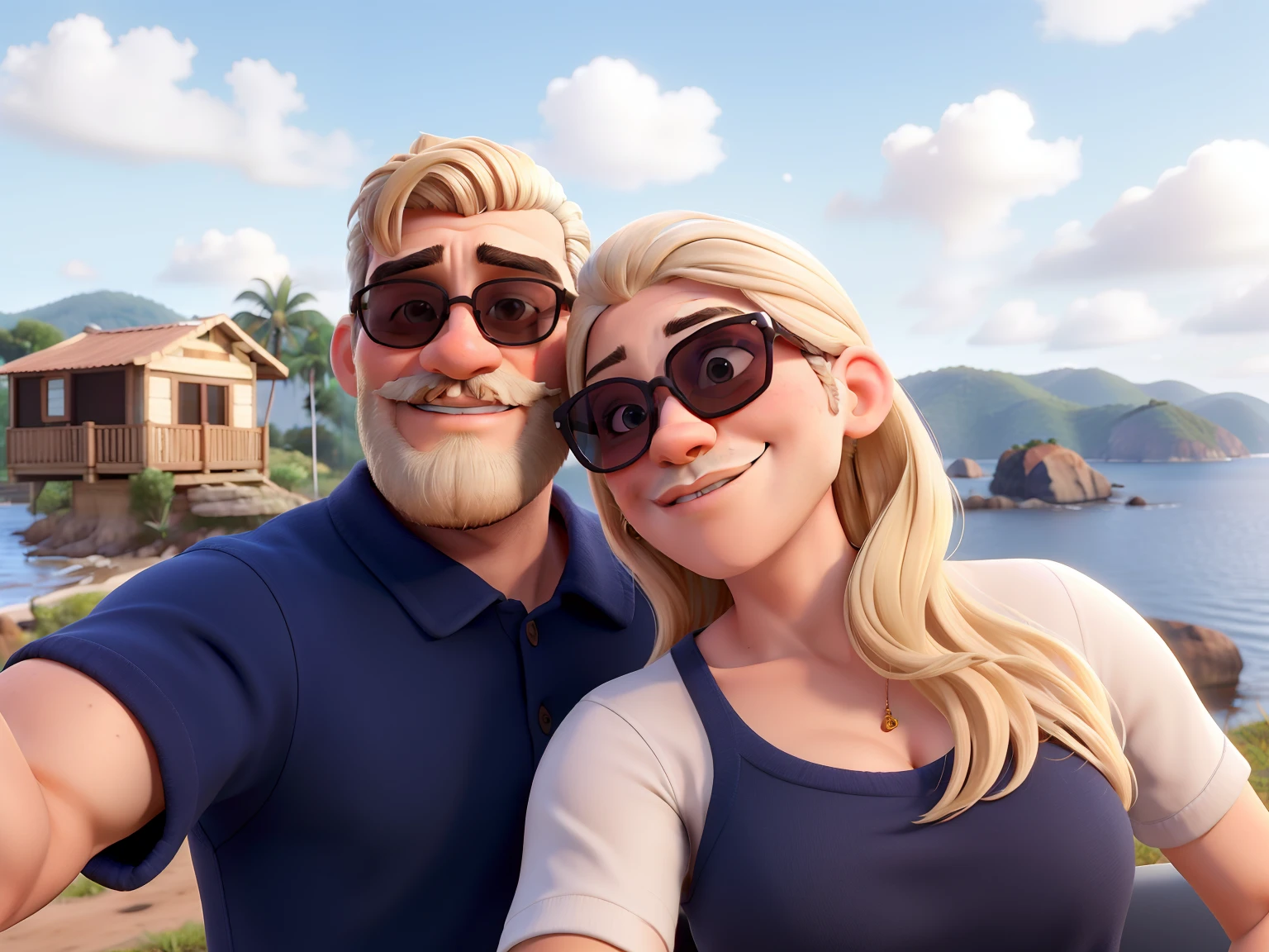 Casal jovem, homem de cabelos grisalhos, testa grande, pouca barba e bigode, Blonde woman in sunglasses