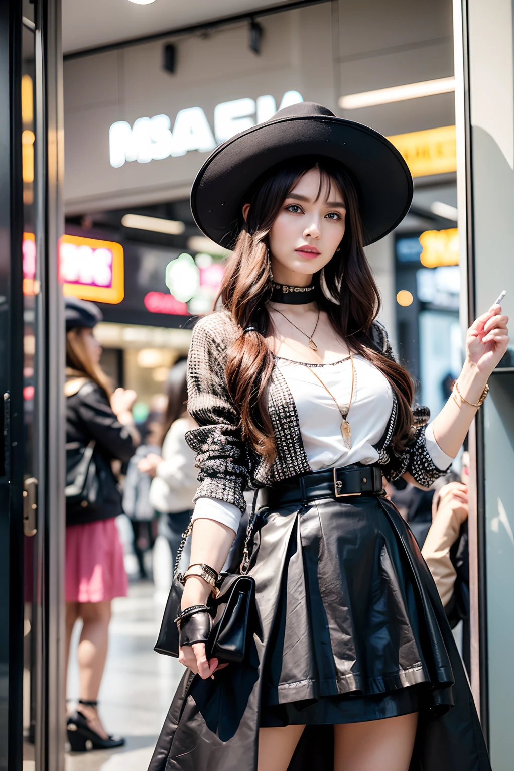 Arape woman in dress and hat standing in clothing store, 🤬 🤮 💕 🎀, fashionable, in door : Adam Saks, 🕹️ 😎 🔫 🤖 🚬, BAPV, in door : Emma Andijewska, exclusive, Appearing in shopping malls, making: Emanuel Witz, fashion, masterpiece work of art, 🕹️ 😎 🚬