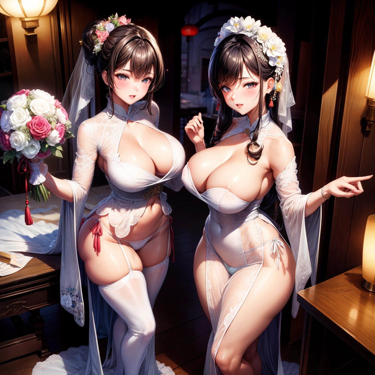 (8K ,Hyper-detailing,Ultra photo realsisim,Best Masterpiece,naturey,Perfect artwork,Perfect female body),Two cute busty girls ,(large tities),Antique flower wedding,Antique flower wedding,Chinese wedding dress,Stylish hairstyle,Elegant and sexy bride,On a quaint street,Dress up in a sexy vintage wedding dress,Built-in thong panties,Large cleavage,,Stretch meat,Raised sexy,The kinky is exposed ,tit,full body shot of