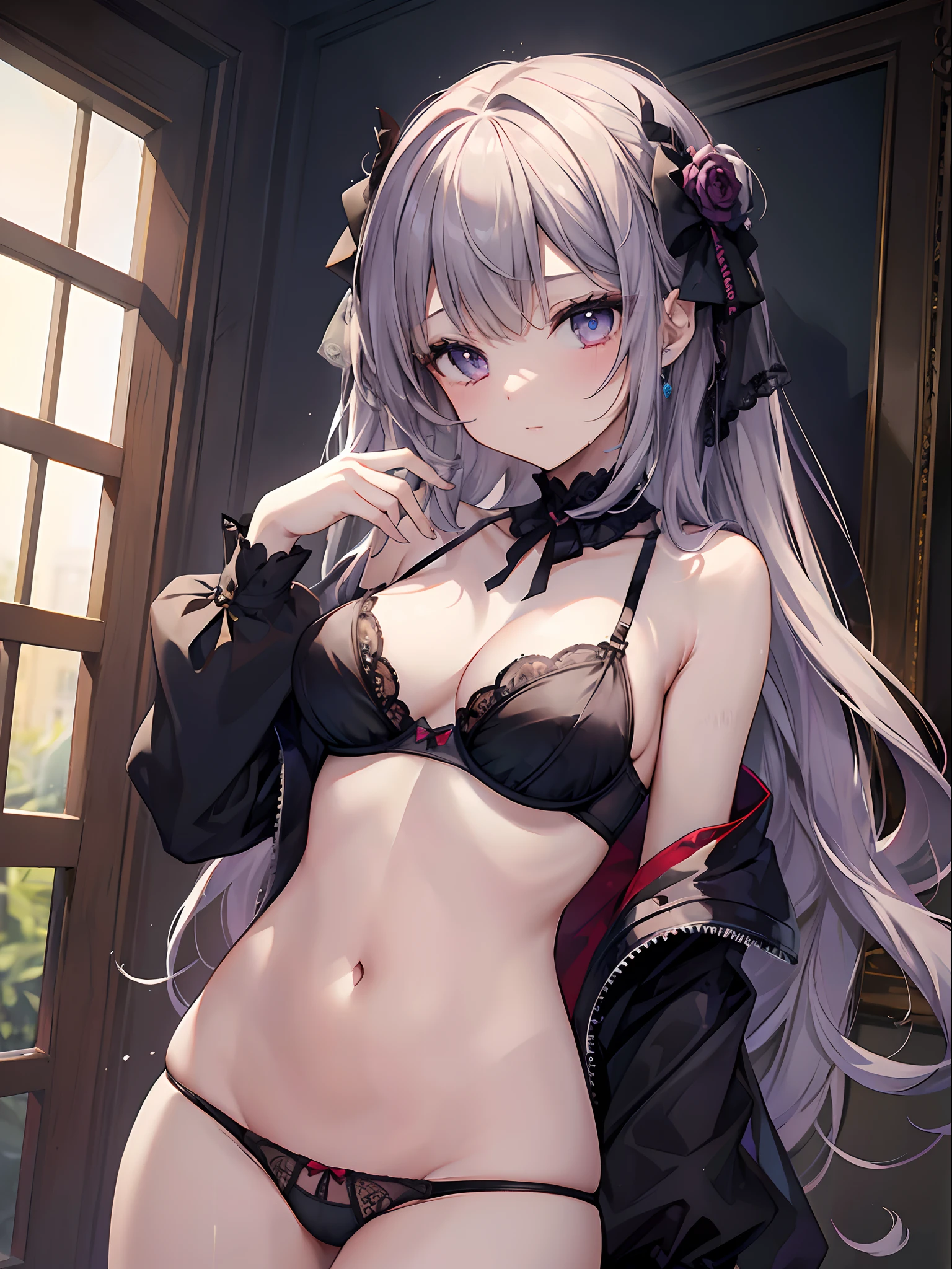 (masterpiece:1.05)、(top-quality:1.05)、1girl in、gothic lorita、(((panties on)))、Race trimmed_bra、Race trimmed_panty、Wet panties、beautifull hands、good hand、((Detailed panties))、