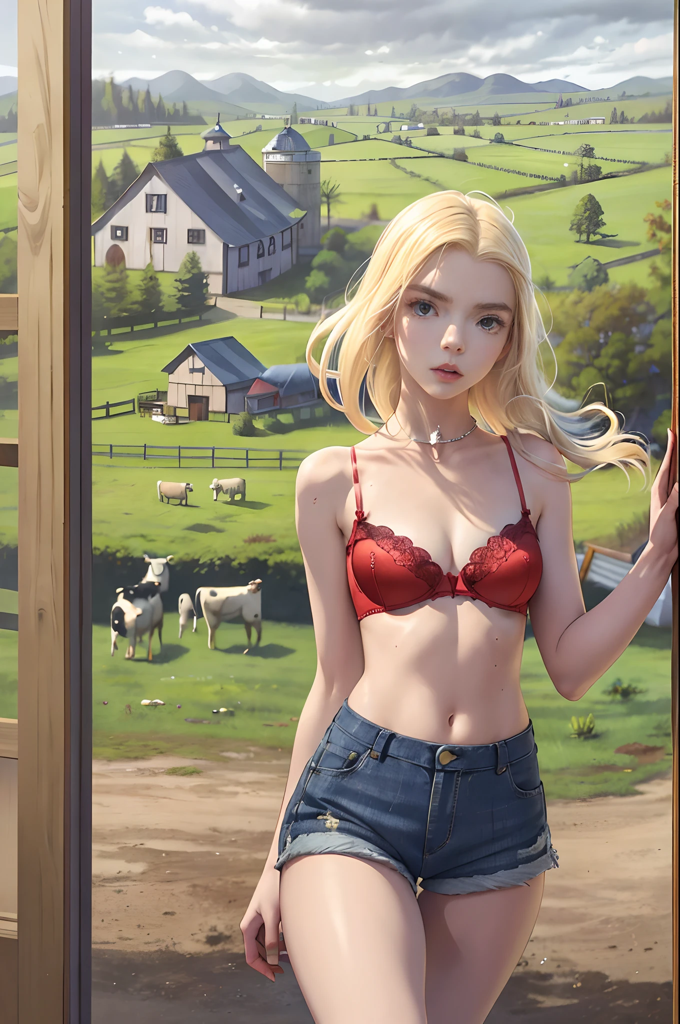 Anya Taylor-Jow, masterpiece quality, realistic, lots of detail, outside, sunny day, cloudy skies, on a farm, barn in background, cows in background, blonde hair, (blonde hair:1.5), wearing choker collar, wearing blue jean shorts, wearing red lace bra, thin body, medium breasts,