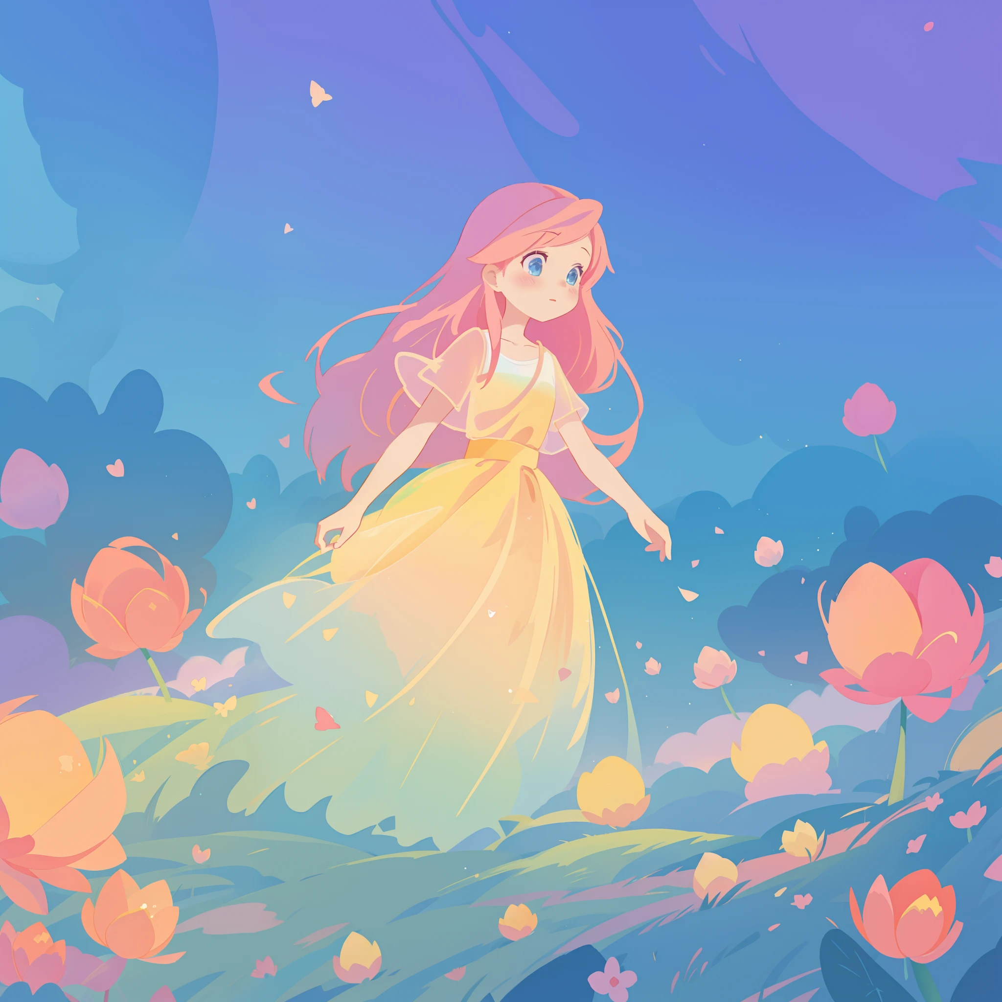 beautiful girl in puffy gradient ballgown, a field with round puffball pink flowers, otherworldly flowers, whimsical landscape, long pink flowing hair, watercolor illustration, inspired by Glen Keane, inspired by Lois van Baarle, disney art style, by Lois van Baarle, by Glen Keane, jen bartel, digital painting, beautiful digital illustration, fantasia otherworldly landscape plants flowers, beautiful, masterpiece, best quality, anime disney style