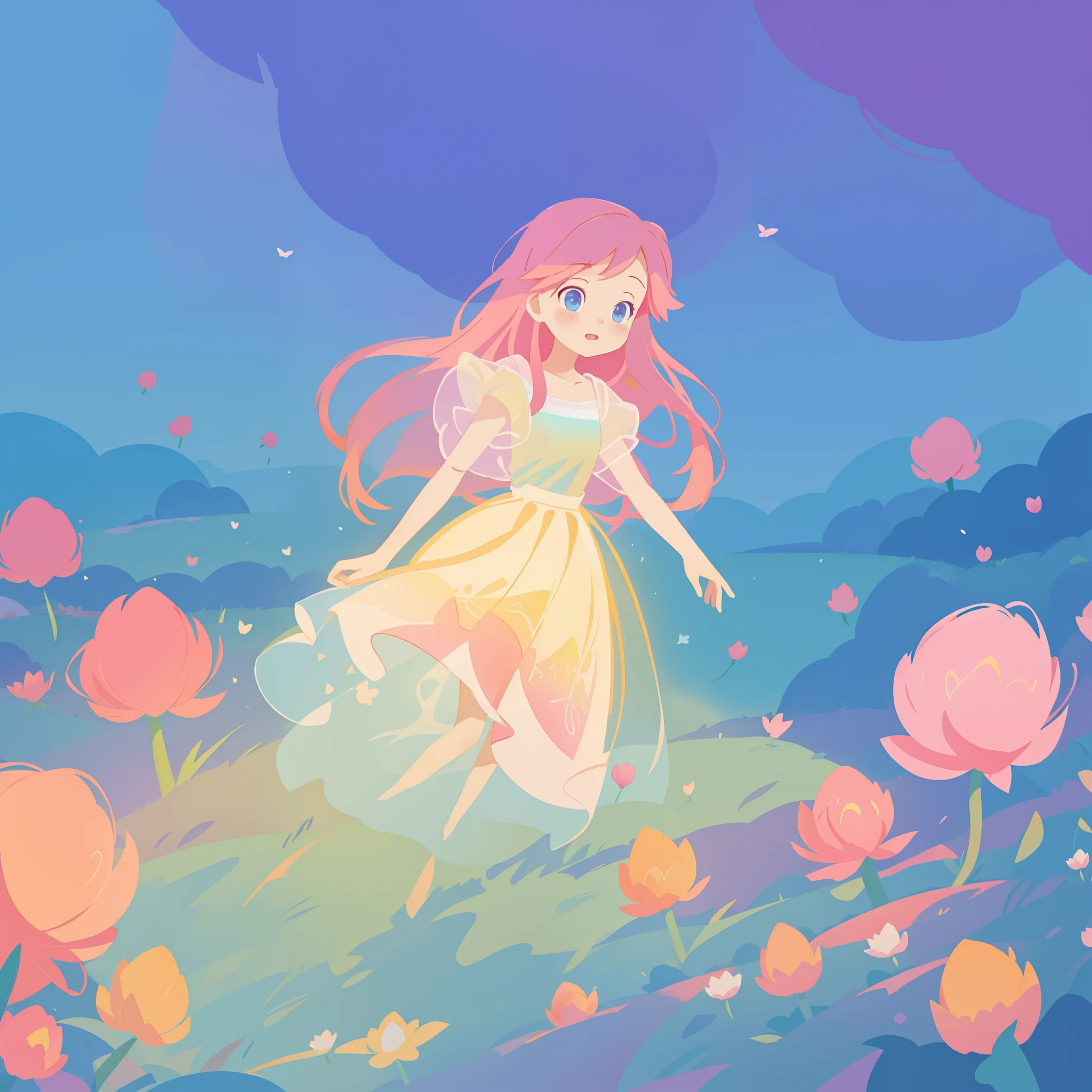 beautiful girl in puffy gradient ballgown, a field with round puffball pink flowers, otherworldly flowers, whimsical landscape, long pink flowing hair, watercolor illustration, inspired by Glen Keane, inspired by Lois van Baarle, disney art style, by Lois van Baarle, by Glen Keane, jen bartel, digital painting, beautiful digital illustration, fantasia otherworldly landscape plants flowers, beautiful, masterpiece, best quality, anime disney style